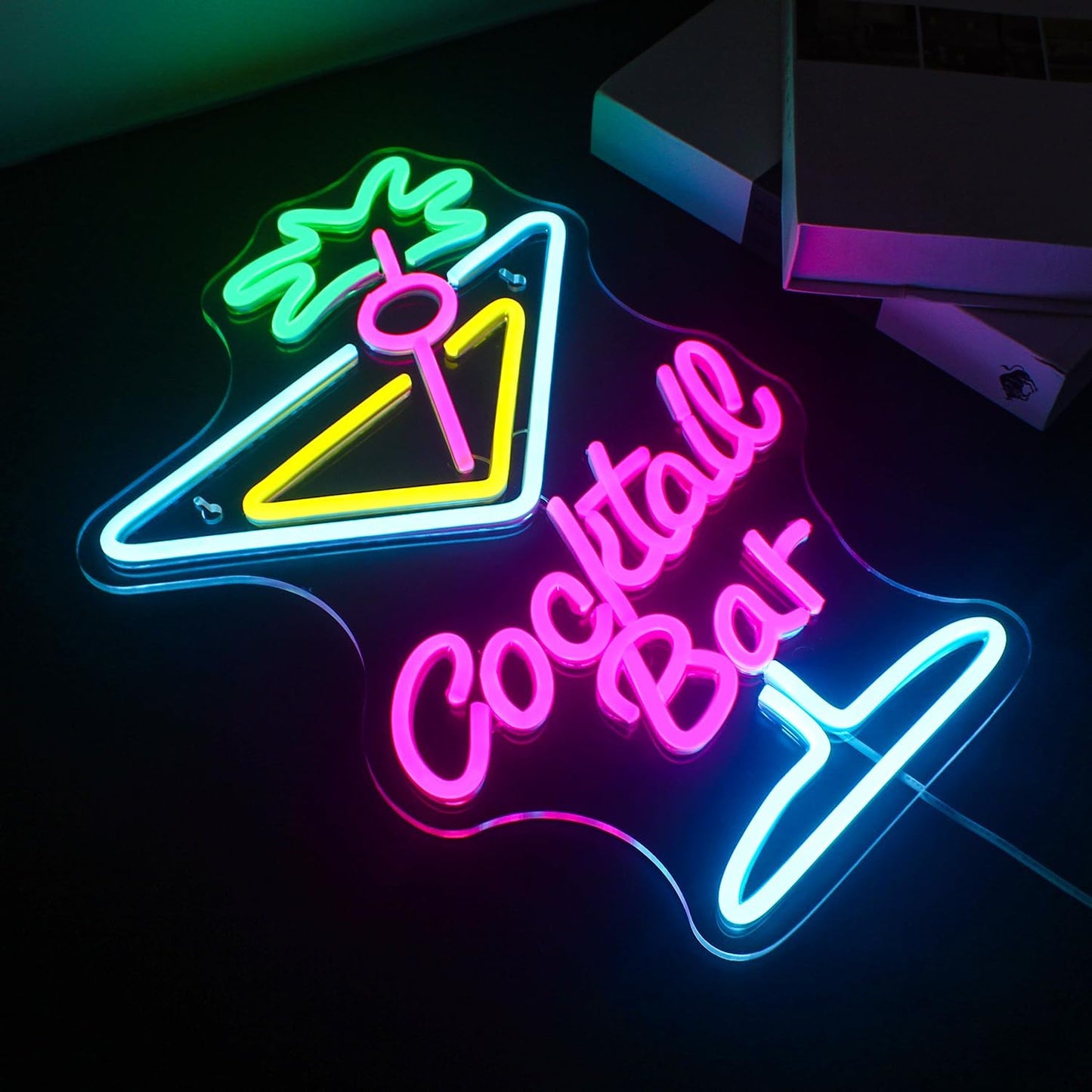 Colorful neon sign of a cocktail glass with the words "Cocktail Bar", perfect for home bars or party decor