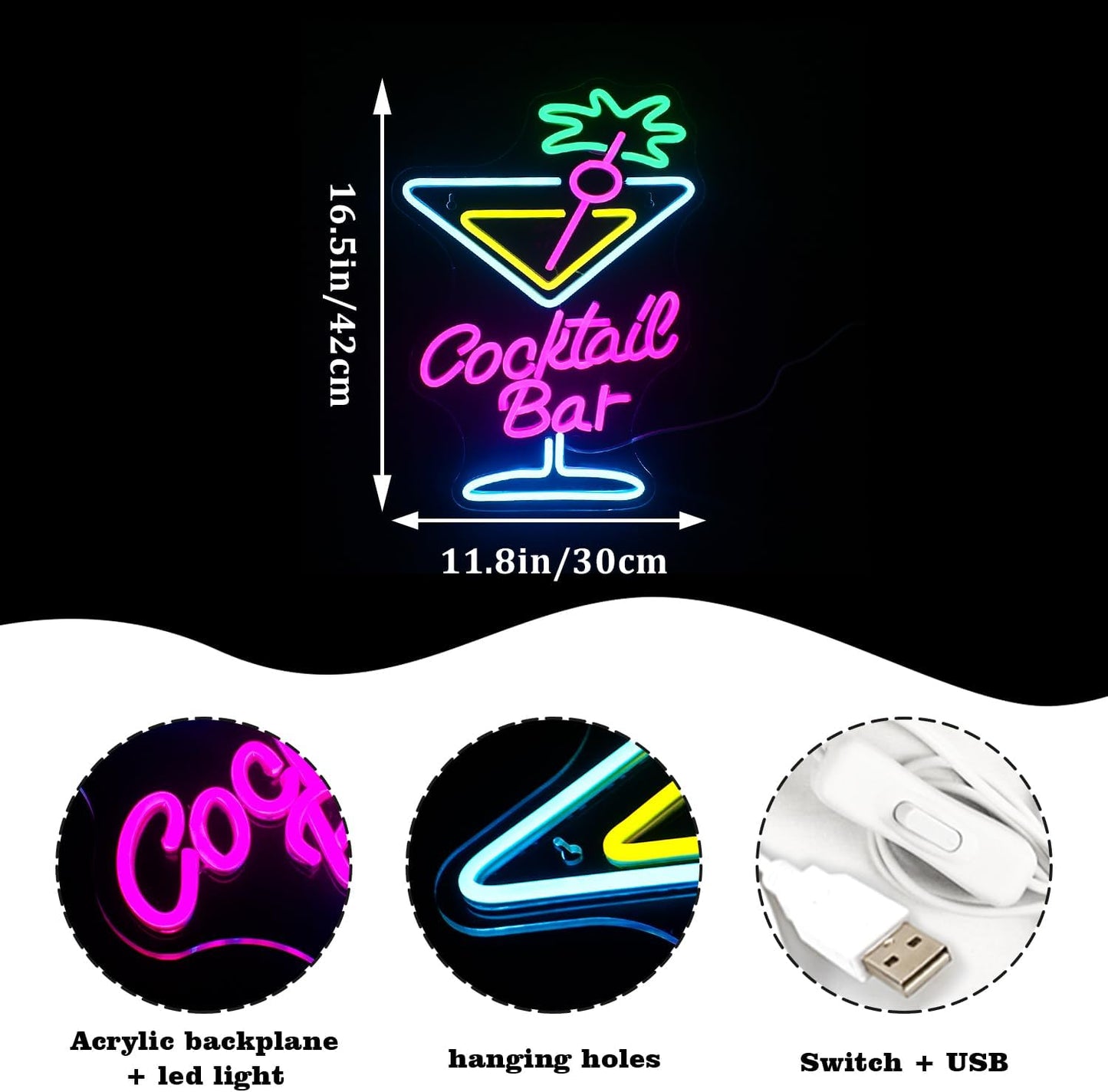 Colorful neon sign of a cocktail glass with the words "Cocktail Bar", perfect for home bars or party decor