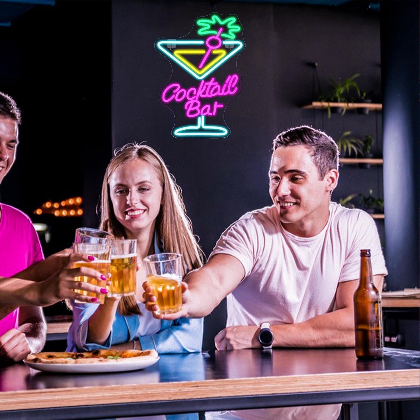 Colorful neon sign of a cocktail glass with the words "Cocktail Bar", perfect for home bars or party decor