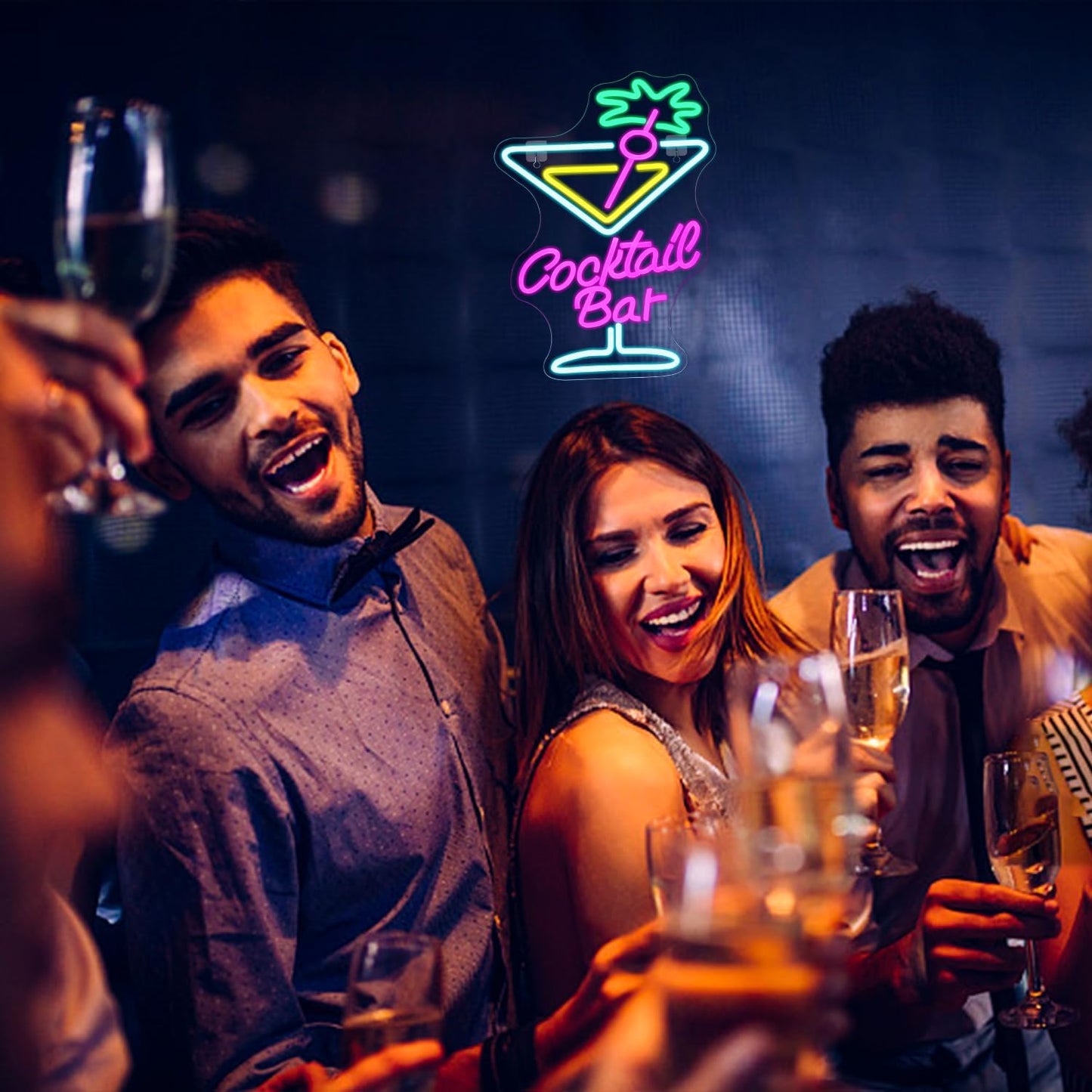 Colorful neon sign of a cocktail glass with the words "Cocktail Bar", perfect for home bars or party decor