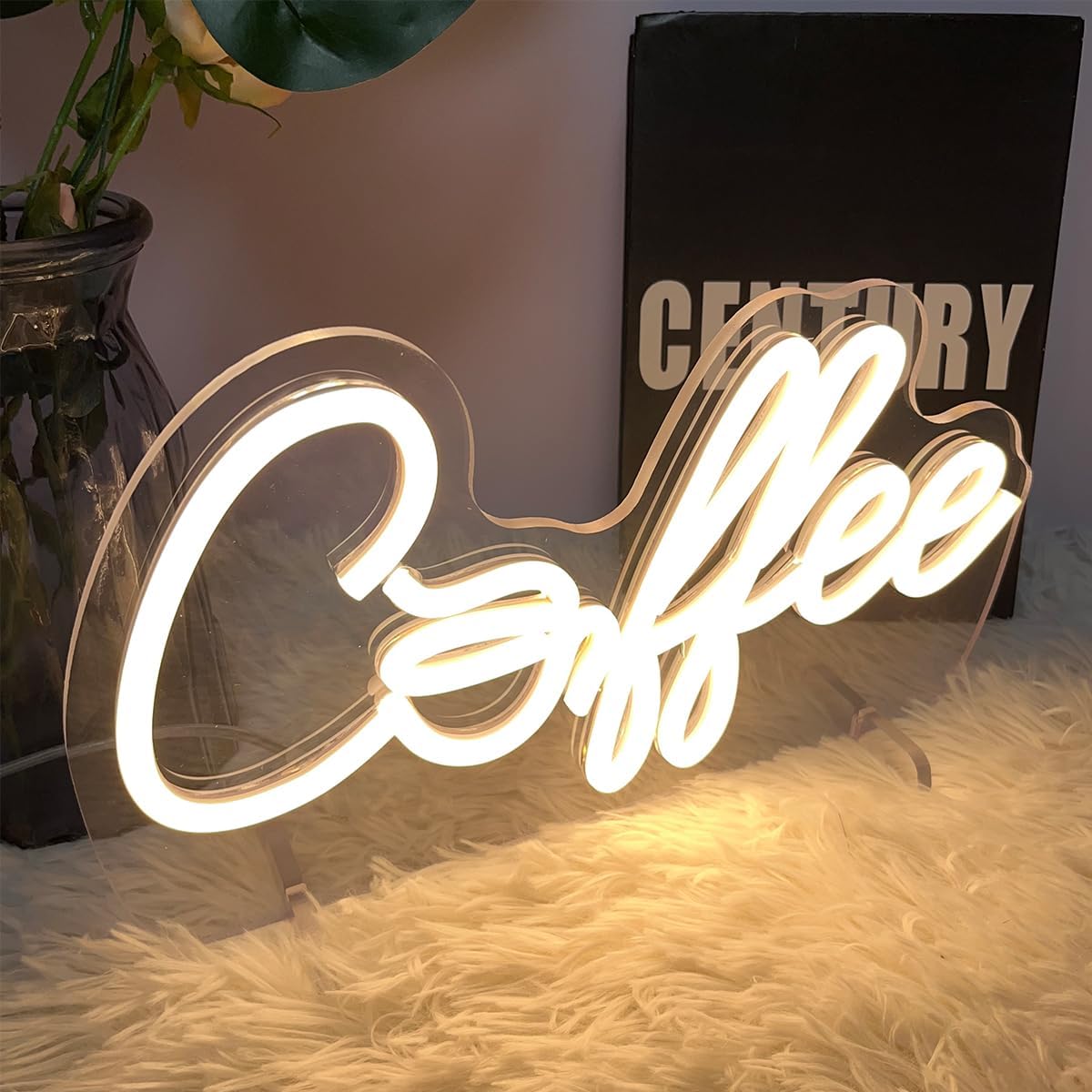 Glowing LED neon sign with the word "coffee", perfect for café, coffee bar, or kitchen wall decor.