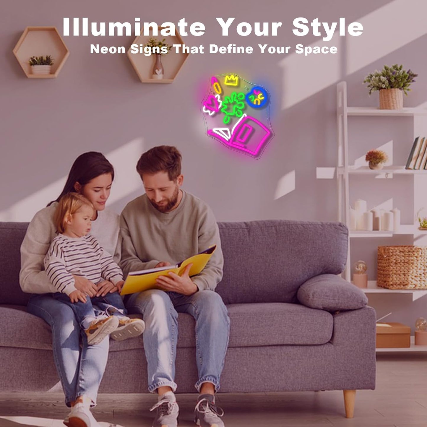 Color Splash neon sign with lipstick, heart, crown, paint palette and open book icons in colorful LED glow.