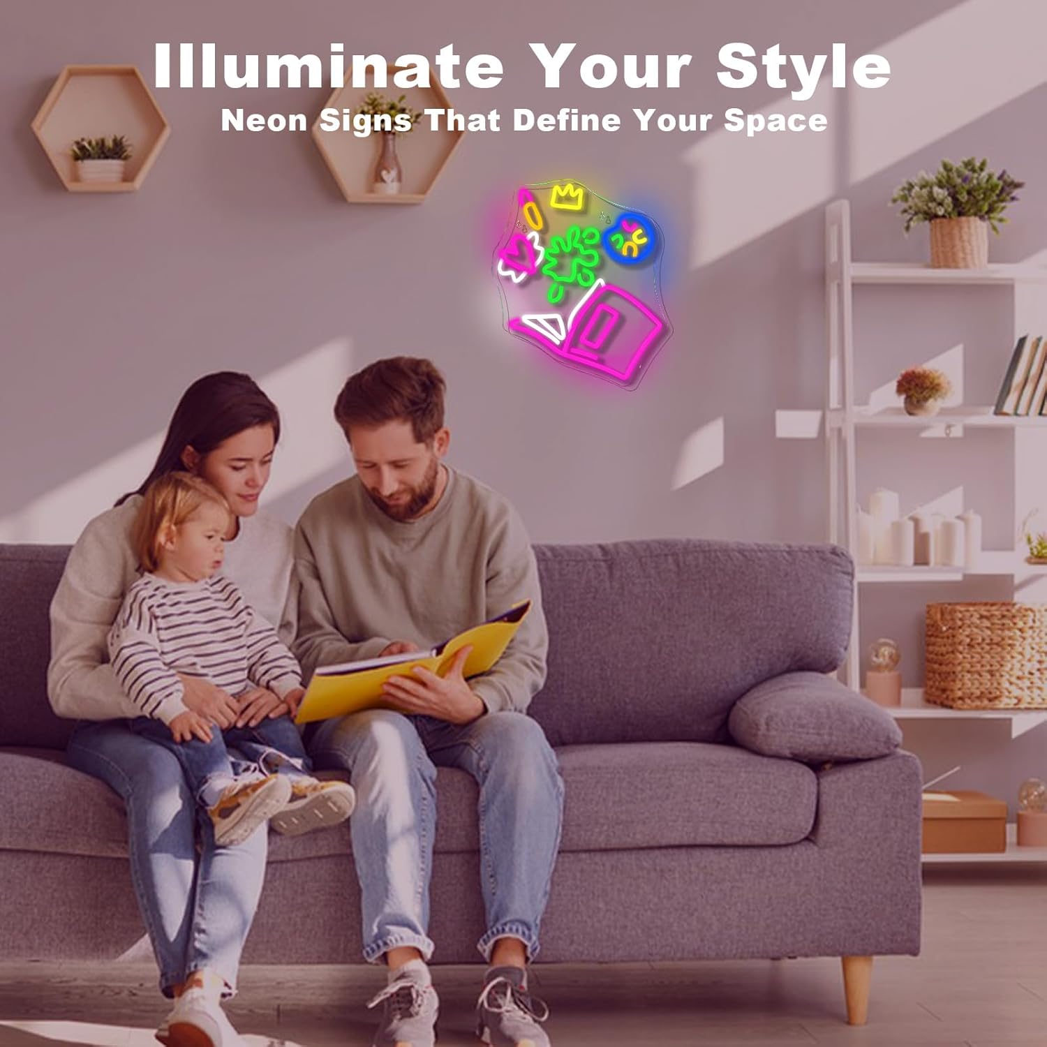 Color Splash neon sign with lipstick, heart, crown, paint palette and open book icons in colorful LED glow.