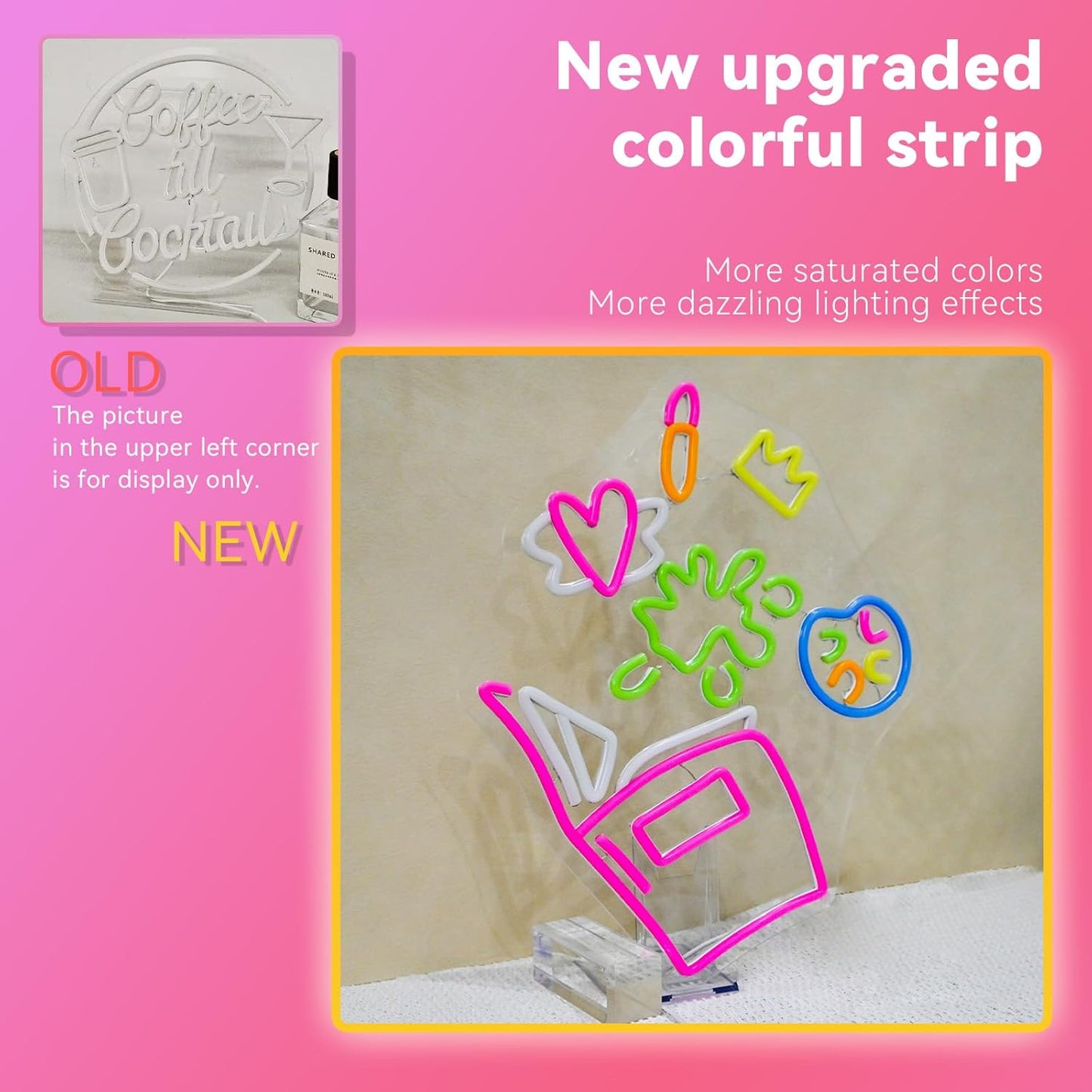 Color Splash neon sign with lipstick, heart, crown, paint palette and open book icons in colorful LED glow.