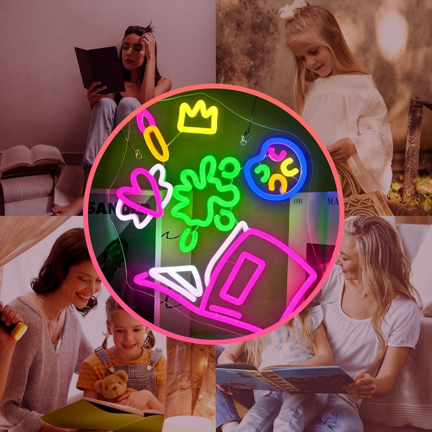 Color Splash neon sign with lipstick, heart, crown, paint palette and open book icons in colorful LED glow.