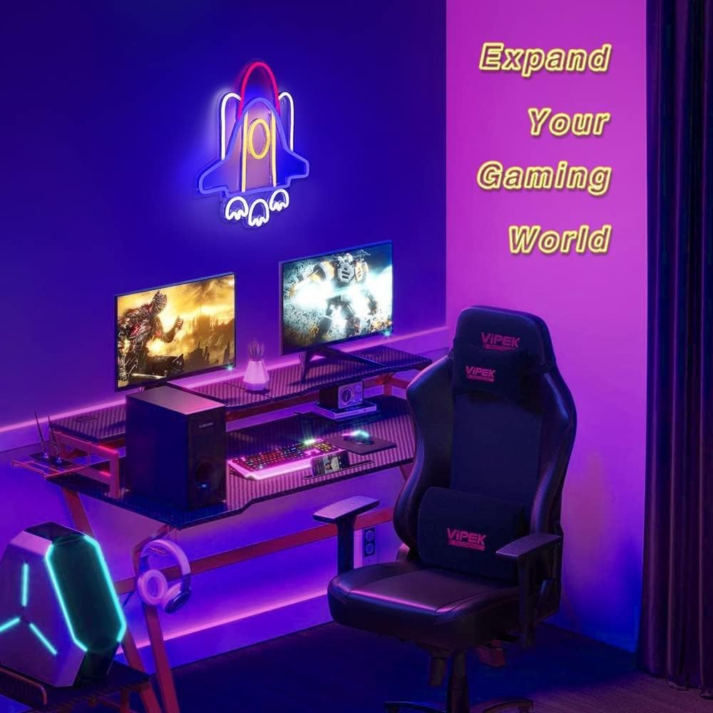 Colorful rocket neon sign wall light – LED space decor for kids room, game room, or bar