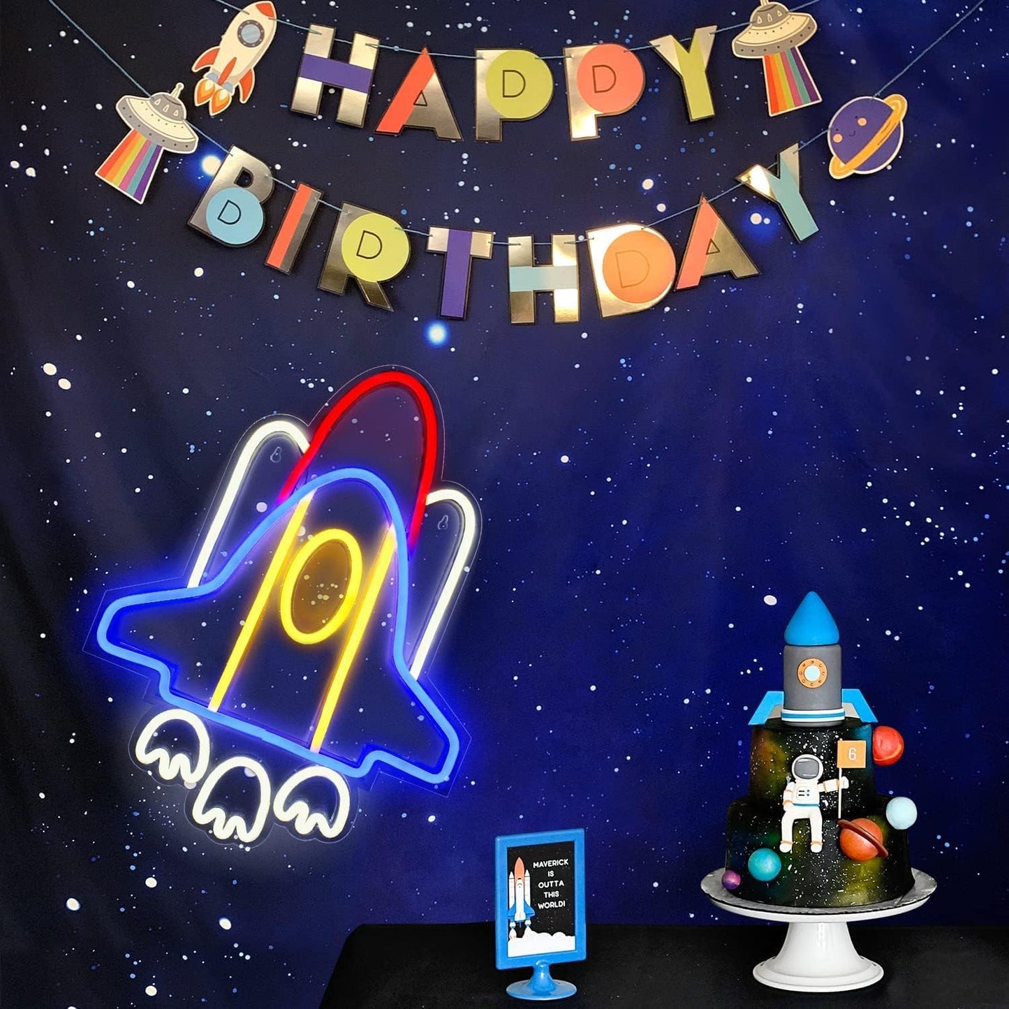 Colorful rocket neon sign wall light – LED space decor for kids room, game room, or bar
