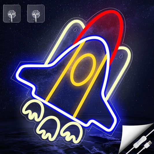 Colorful rocket neon sign wall light – LED space decor for kids room, game room, or bar