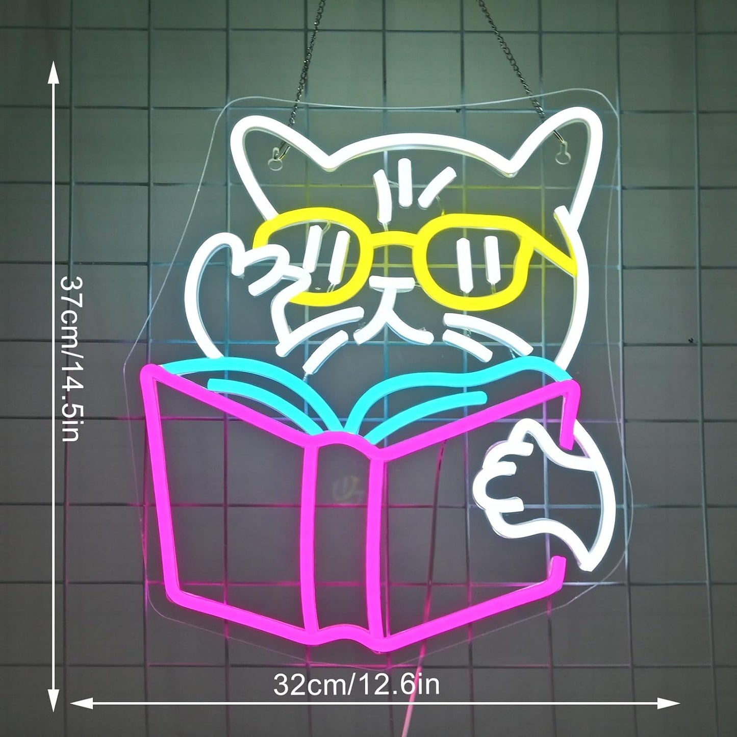 Cool cat reading neon sign with sunglasses, LED light decor for book lovers and cozy corners