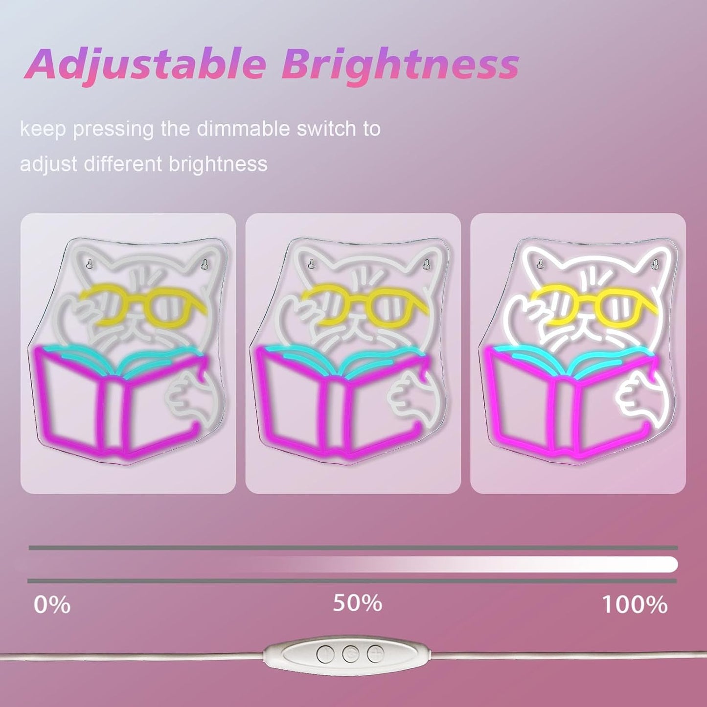 Cool cat reading neon sign with sunglasses, LED light decor for book lovers and cozy corners