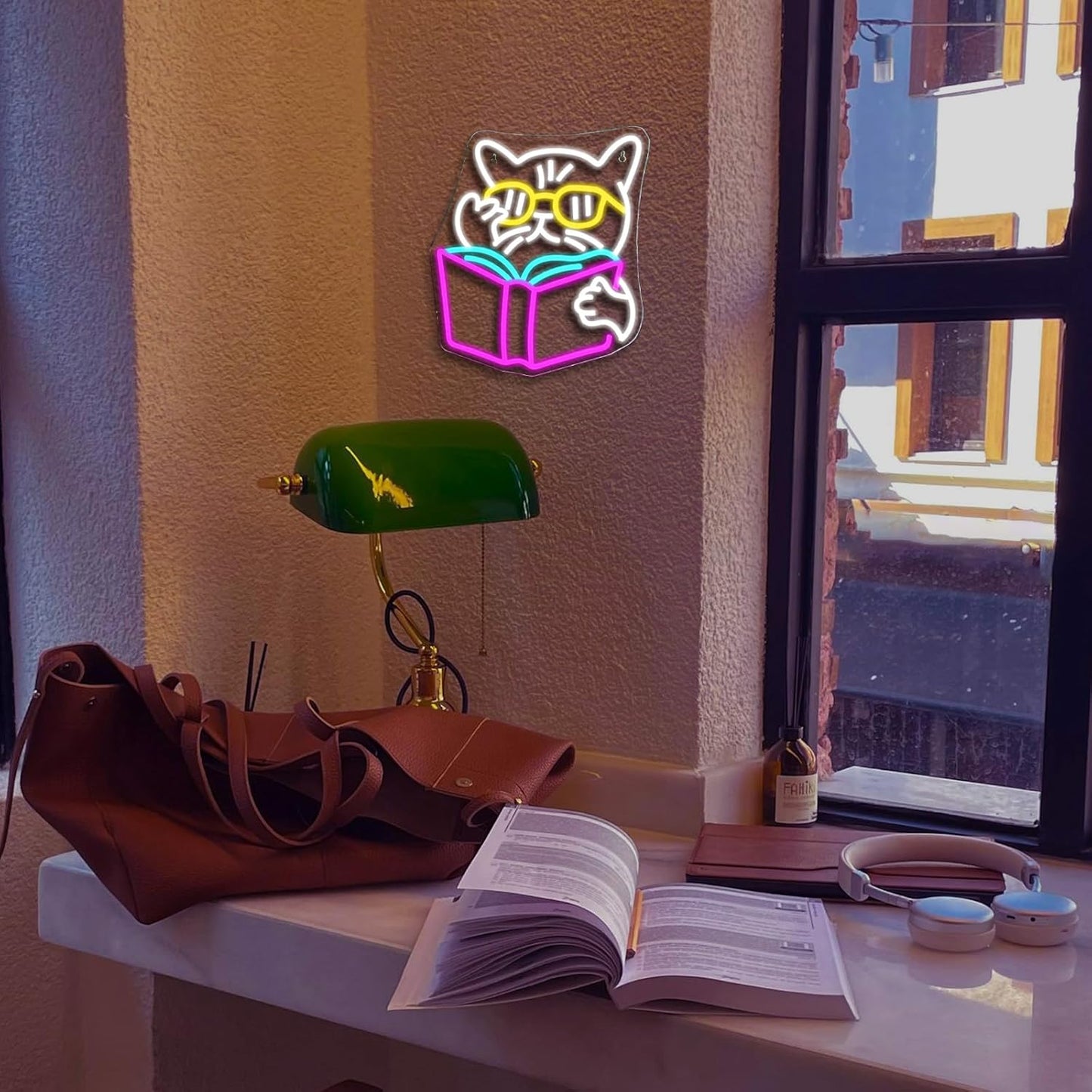 Cool cat reading neon sign with sunglasses, LED light decor for book lovers and cozy corners