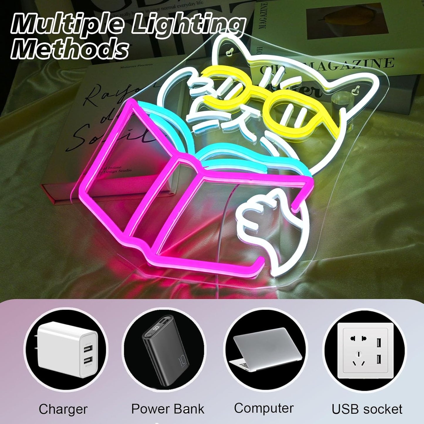 Cool cat reading neon sign with sunglasses, LED light decor for book lovers and cozy corners