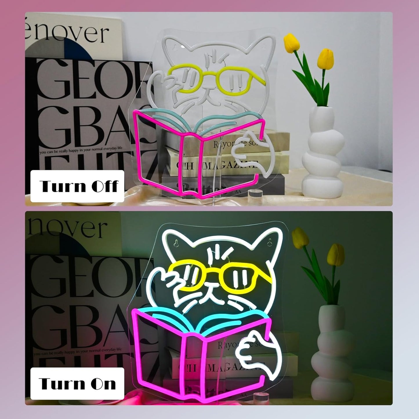 Cool cat reading neon sign with sunglasses, LED light decor for book lovers and cozy corners