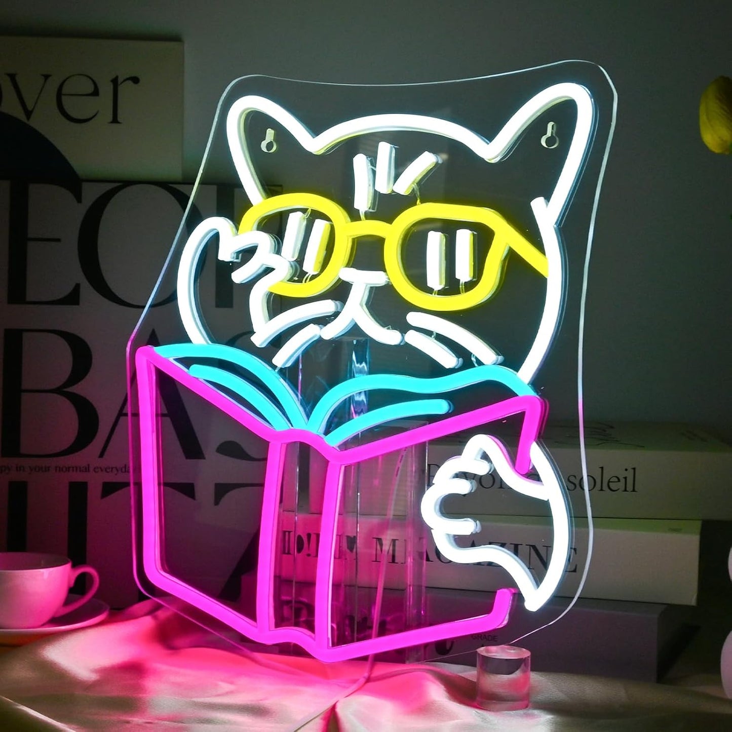 Cool cat reading neon sign with sunglasses, LED light decor for book lovers and cozy corners