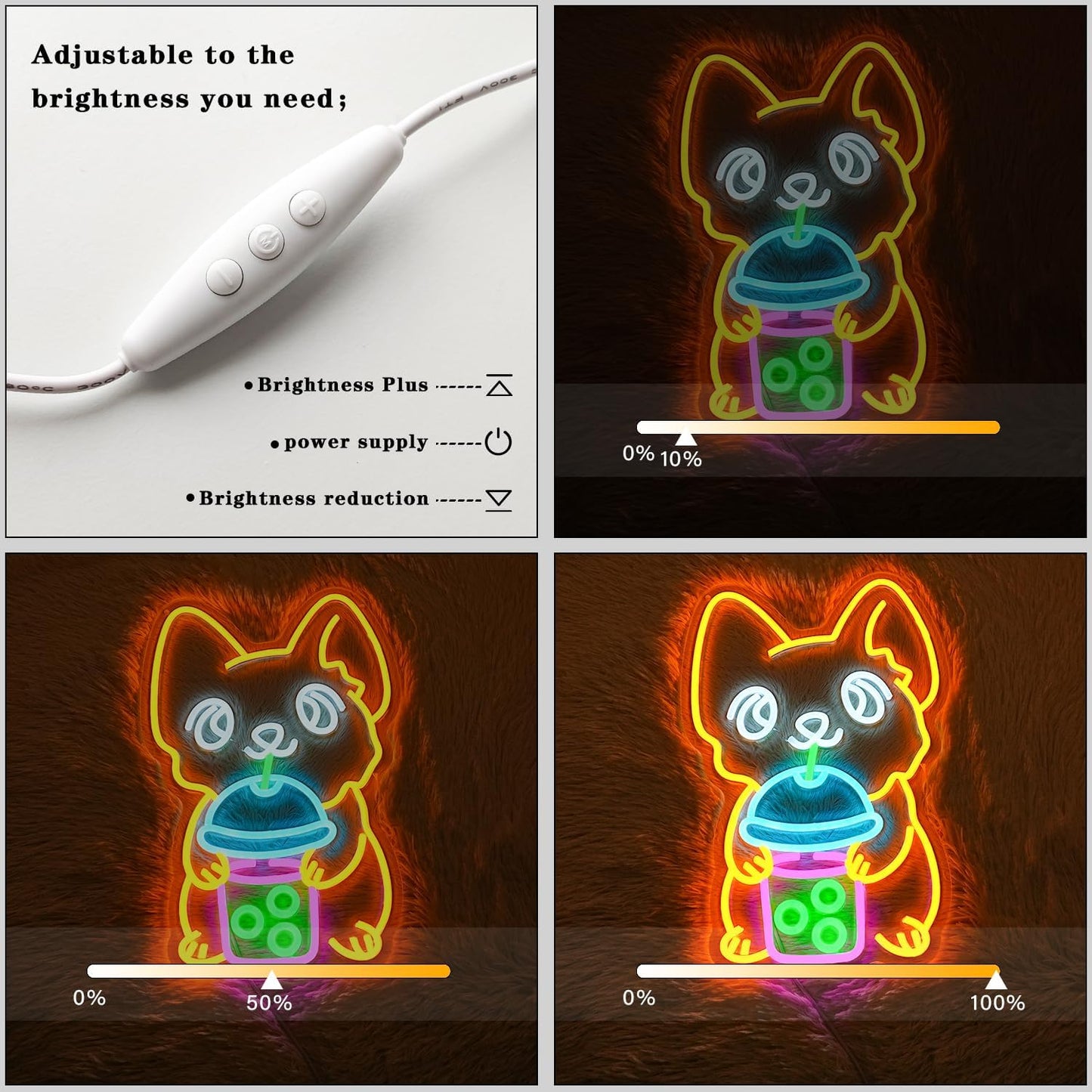 Neon sign of a corgi drinking boba tea in kawaii style