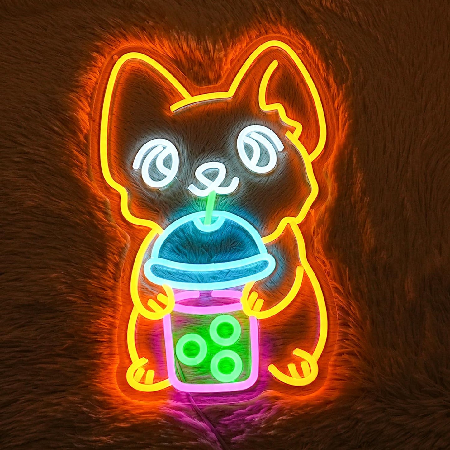 Neon sign of a corgi drinking boba tea in kawaii style