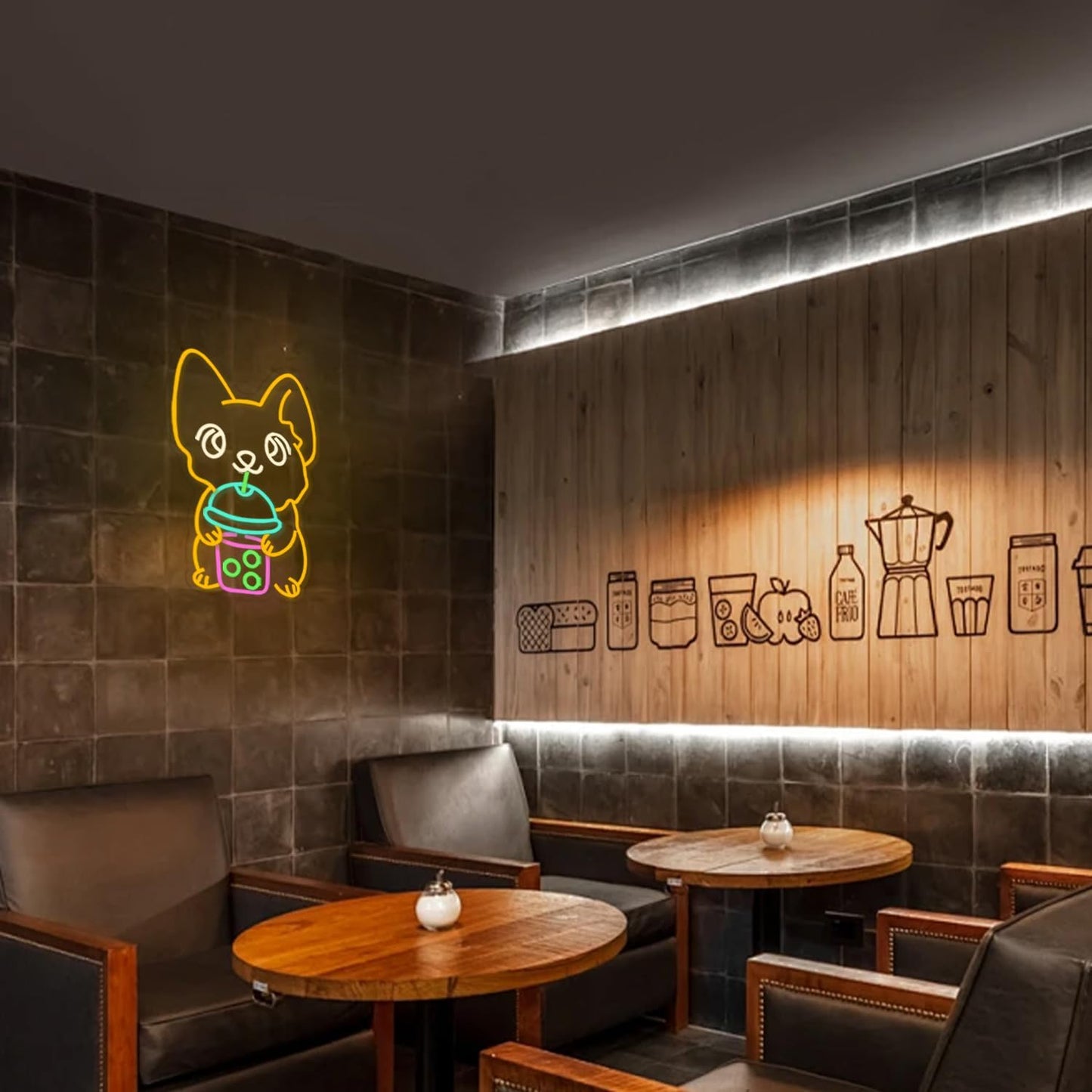 Neon sign of a corgi drinking boba tea in kawaii style