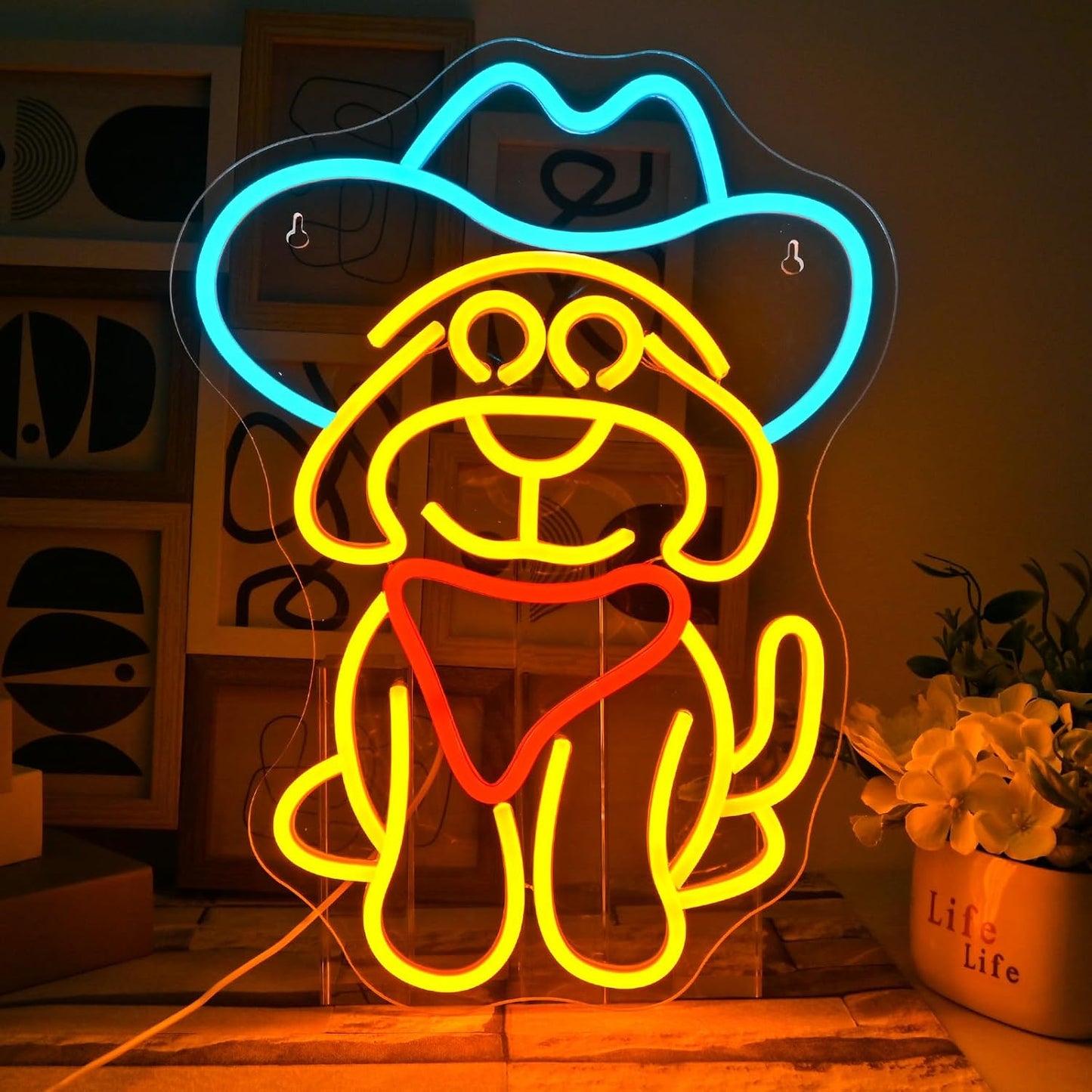 Cowboy dog neon sign with a cute dog wearing a cowboy hat – fun Western LED wall decor for bars, parties, and kids’ rooms
