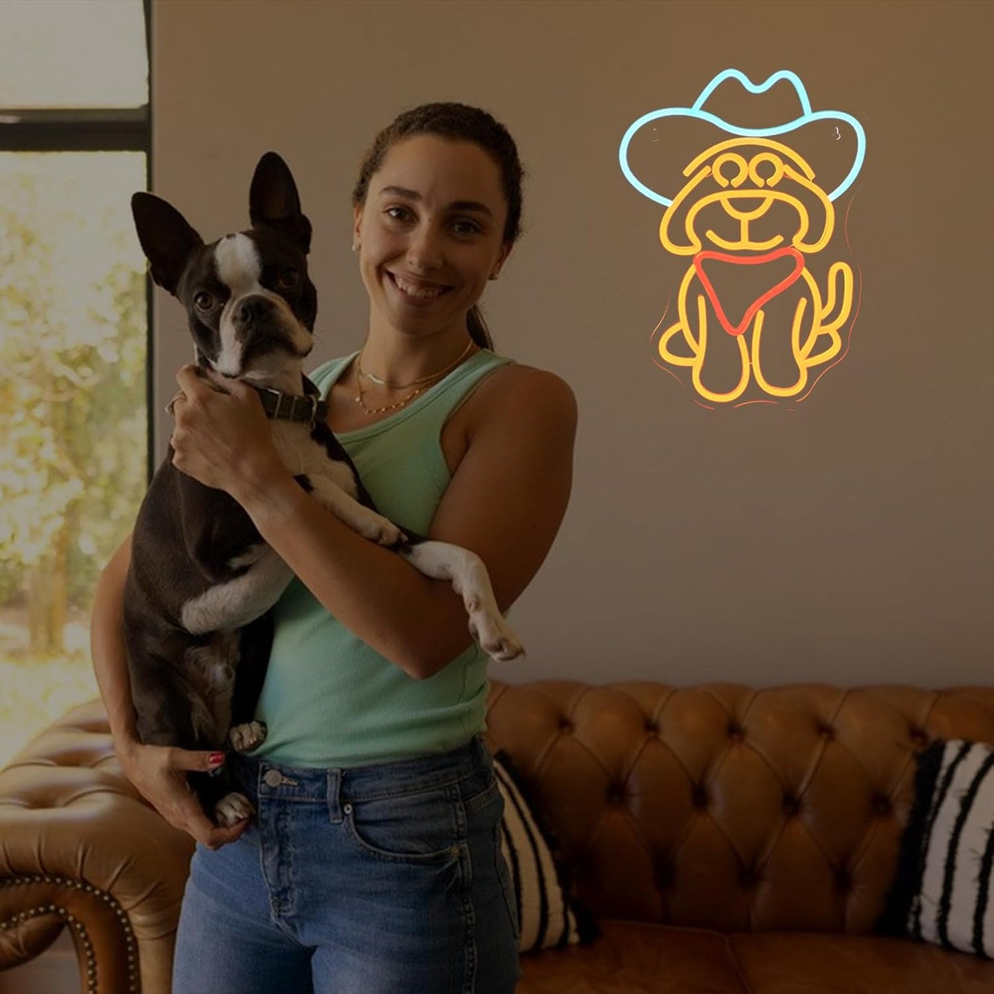 Cowboy dog neon sign with a cute dog wearing a cowboy hat – fun Western LED wall decor for bars, parties, and kids’ rooms