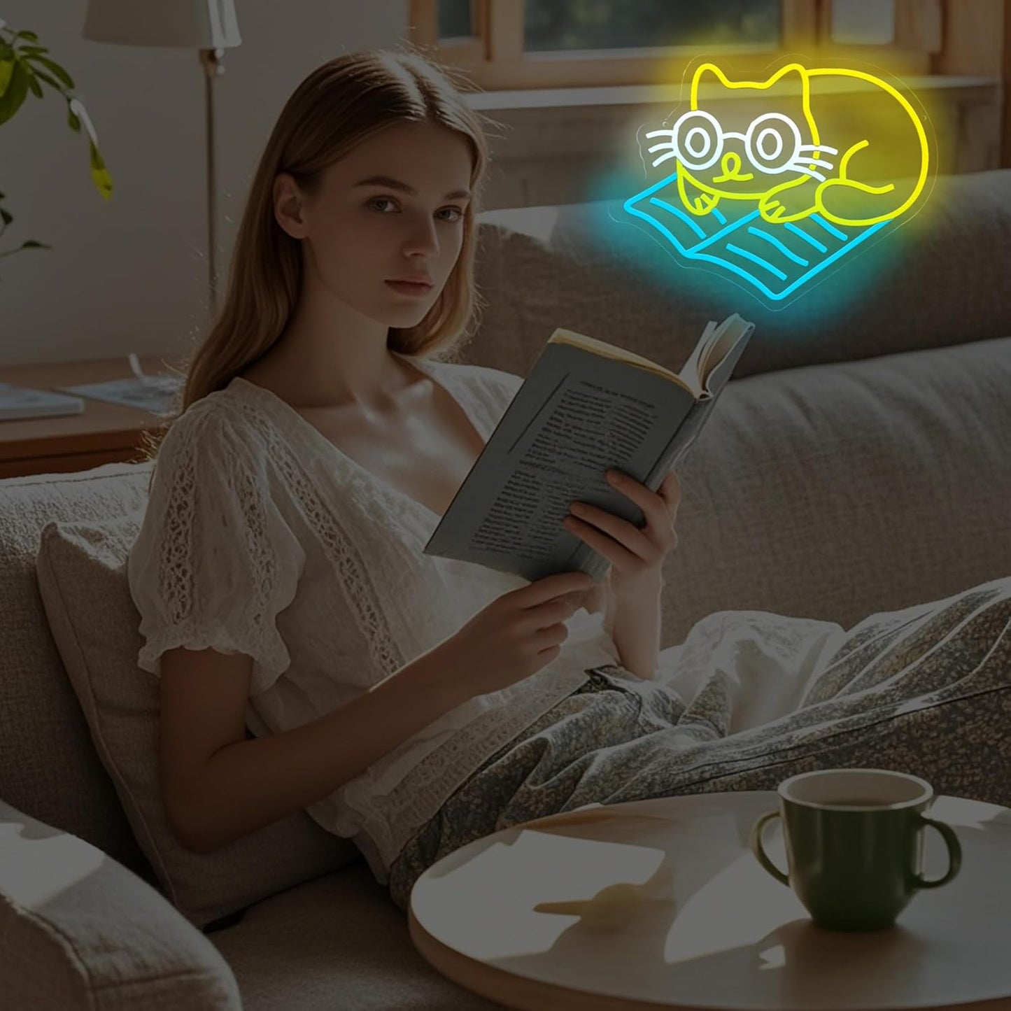 Neon sign of cat lying down and reading a book