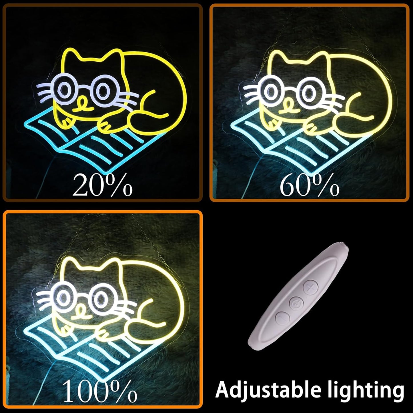 Neon sign of cat lying down and reading a book