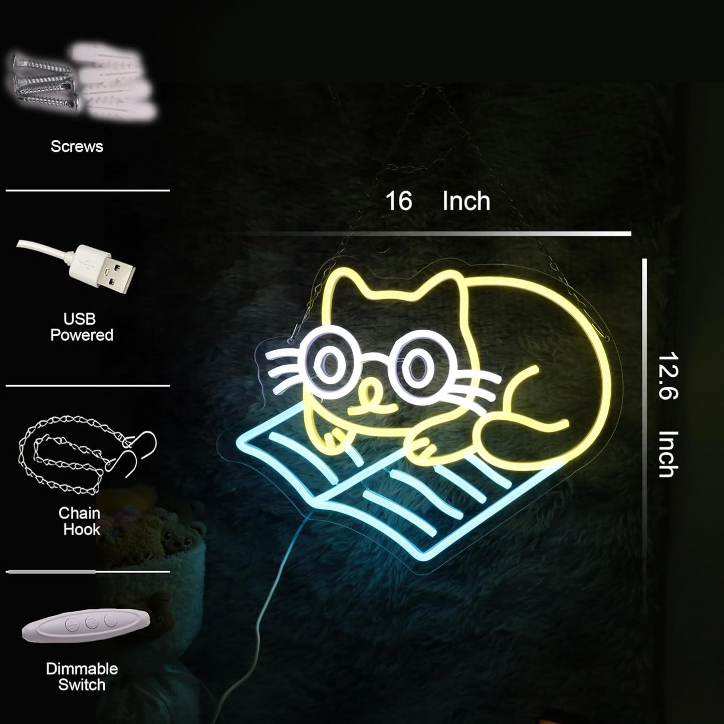 Neon sign of cat lying down and reading a book