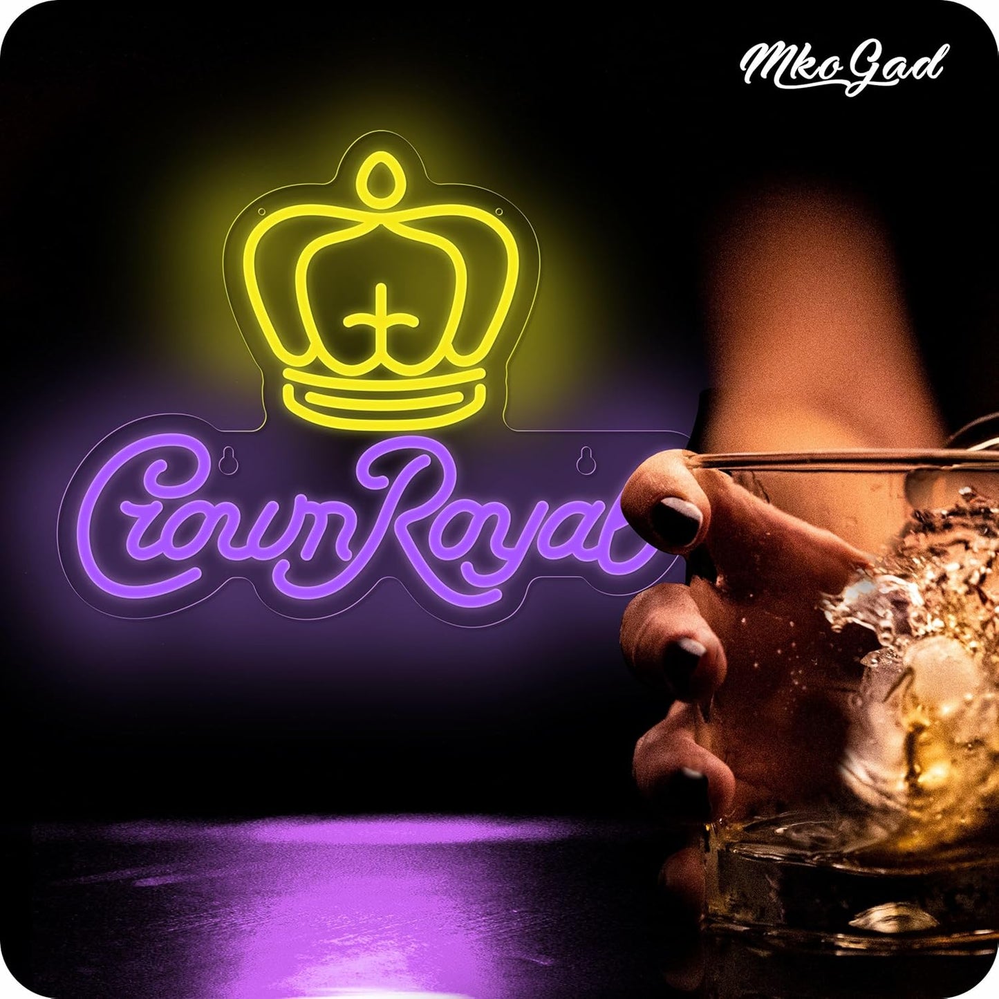 Crown Royal neon sign with yellow crown and purple cursive letters on black wall