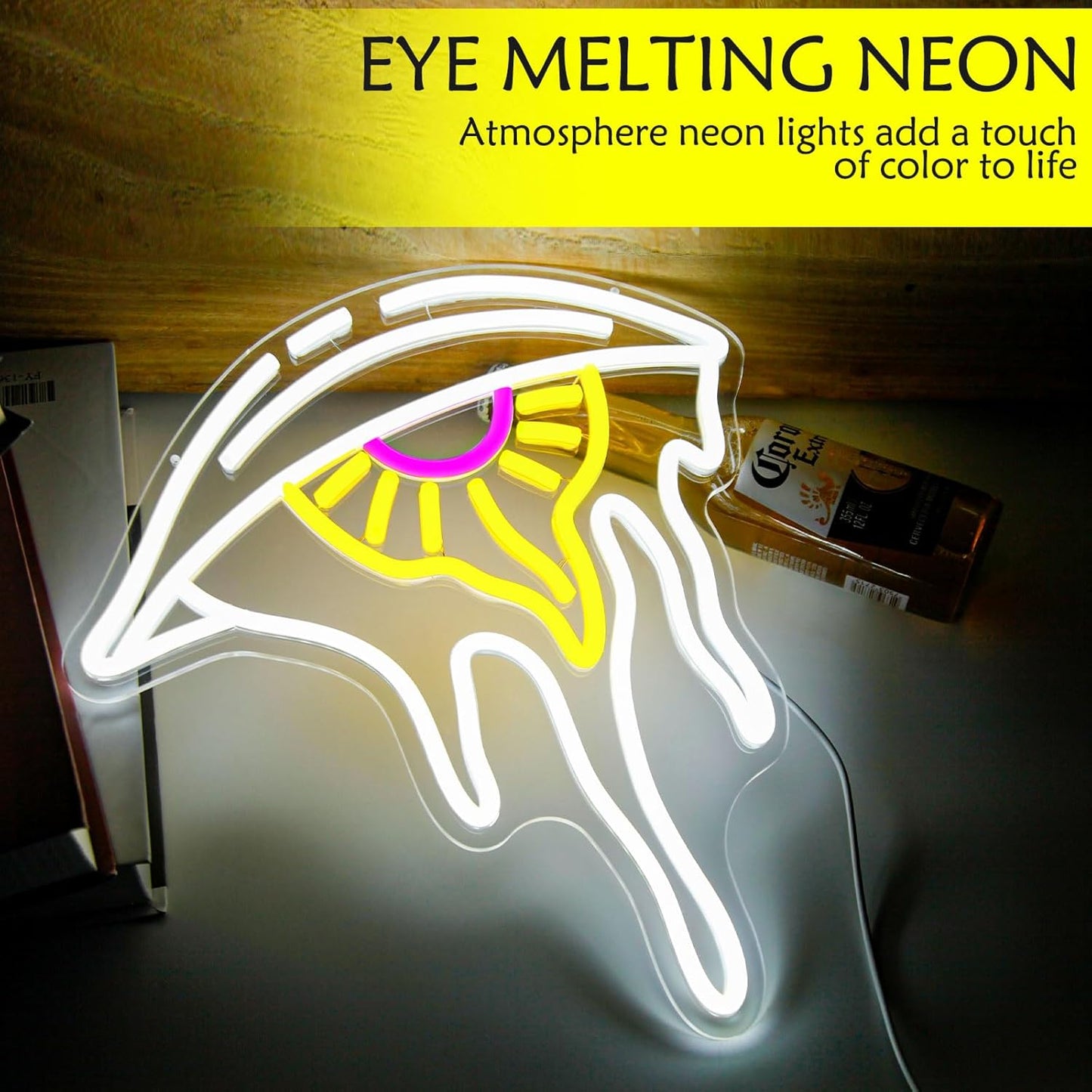 LED neon sign shaped like a crying eye with teardrop, glowing softly on a wall, perfect for moody and expressive interior design