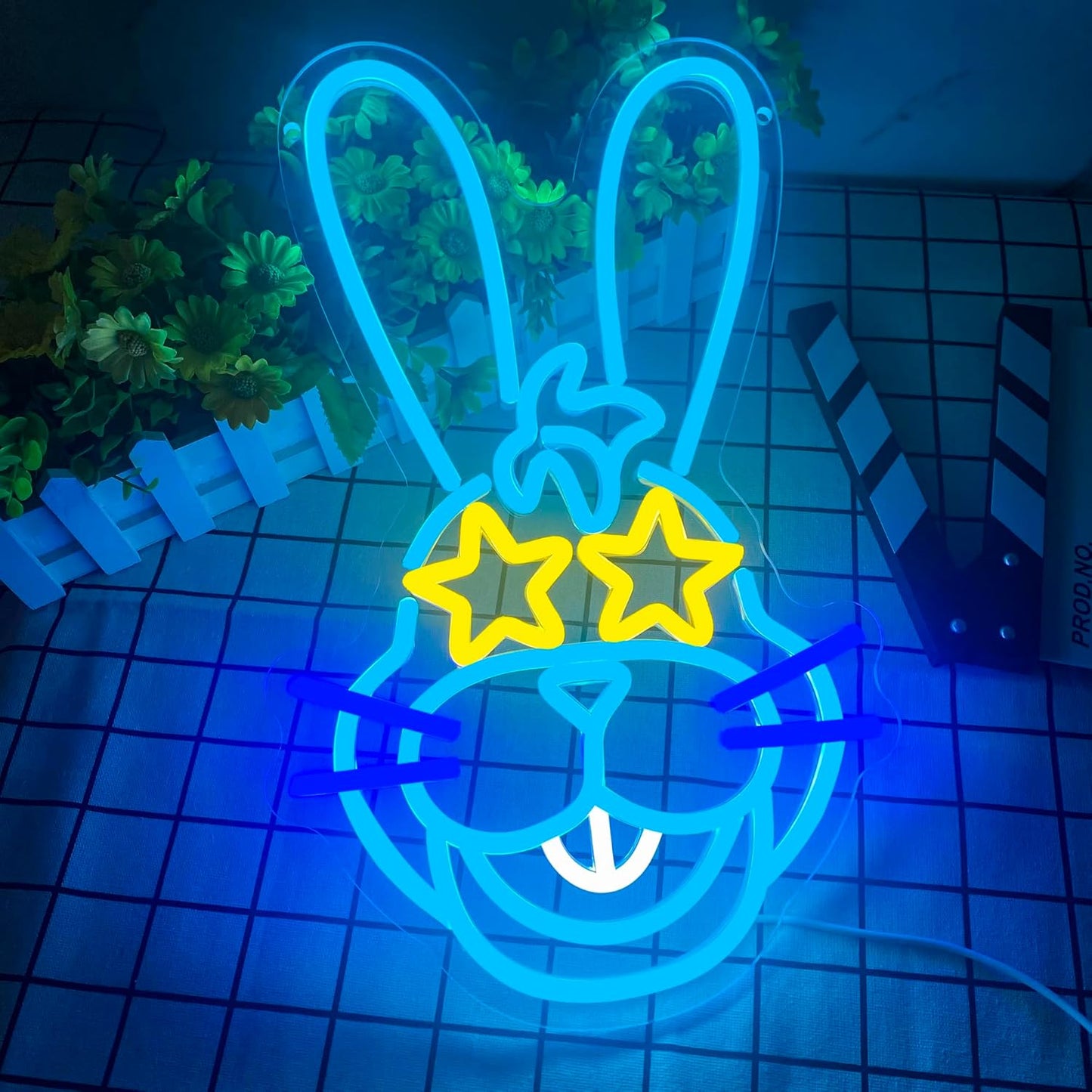 LED bunny neon sign with star-shaped glasses for kids room and party decor