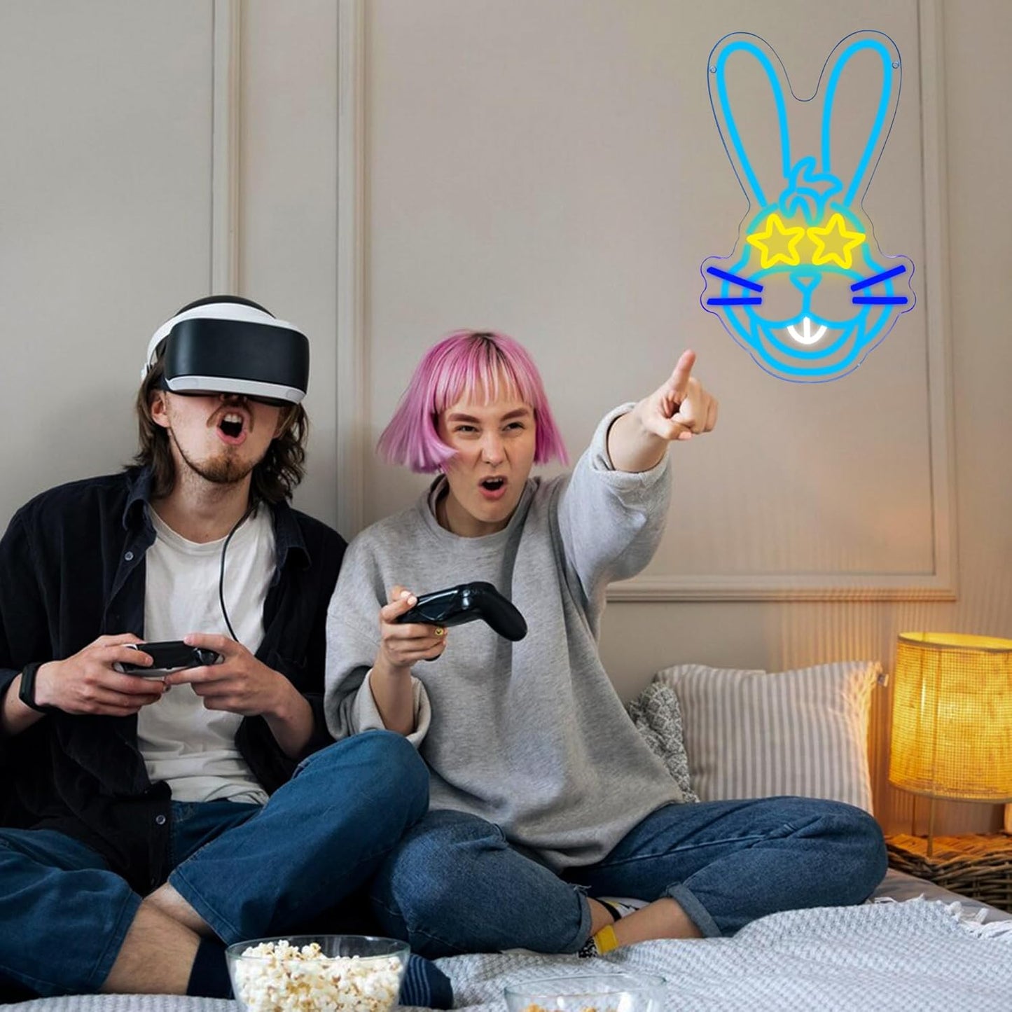 LED bunny neon sign with star-shaped glasses for kids room and party decor