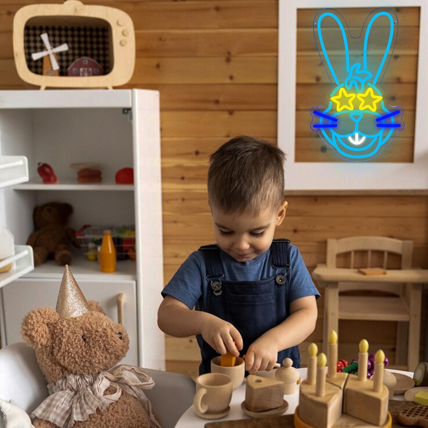 LED bunny neon sign with star-shaped glasses for kids room and party decor