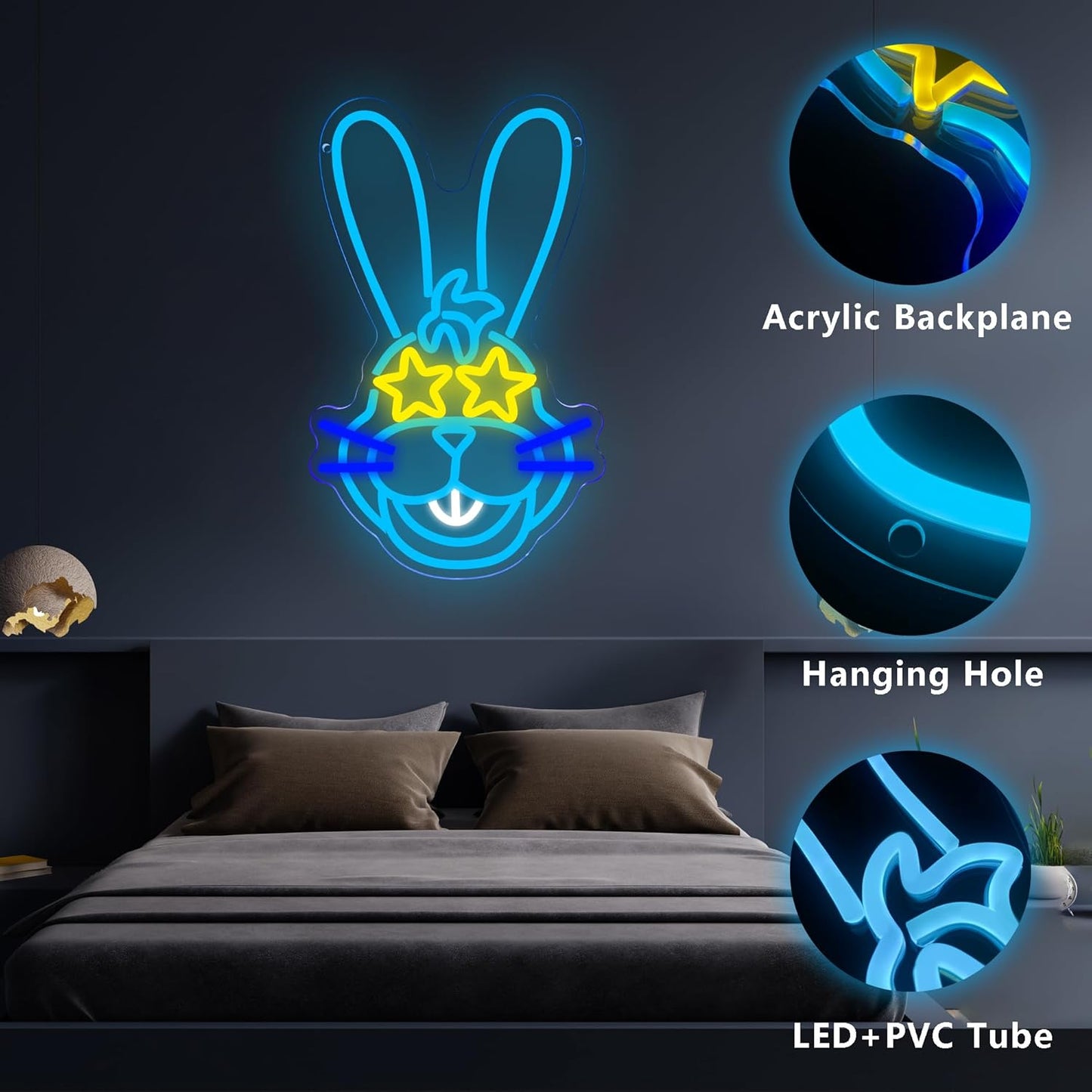 LED bunny neon sign with star-shaped glasses for kids room and party decor