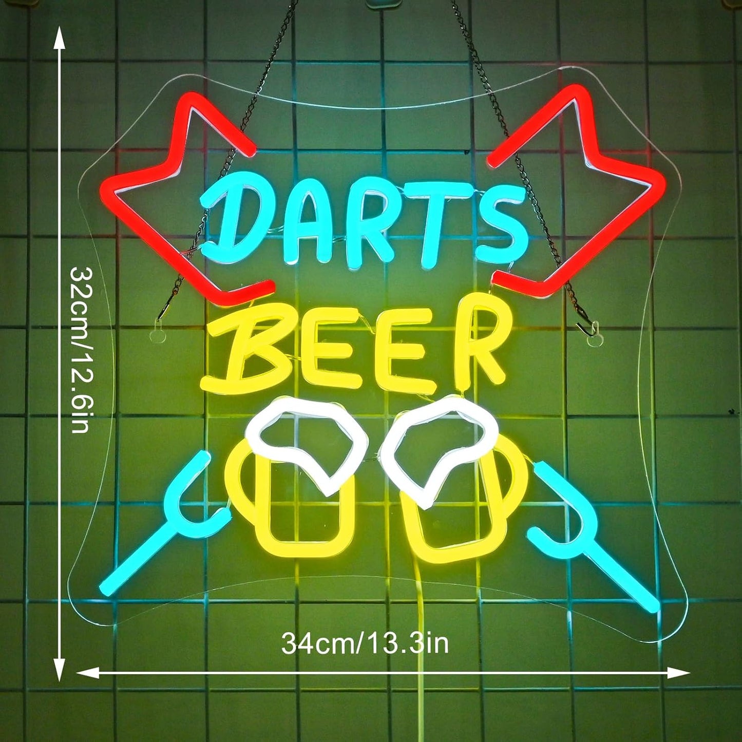 Darts and beer neon sign with LED clinking mugs for bar, game room, or pub decor