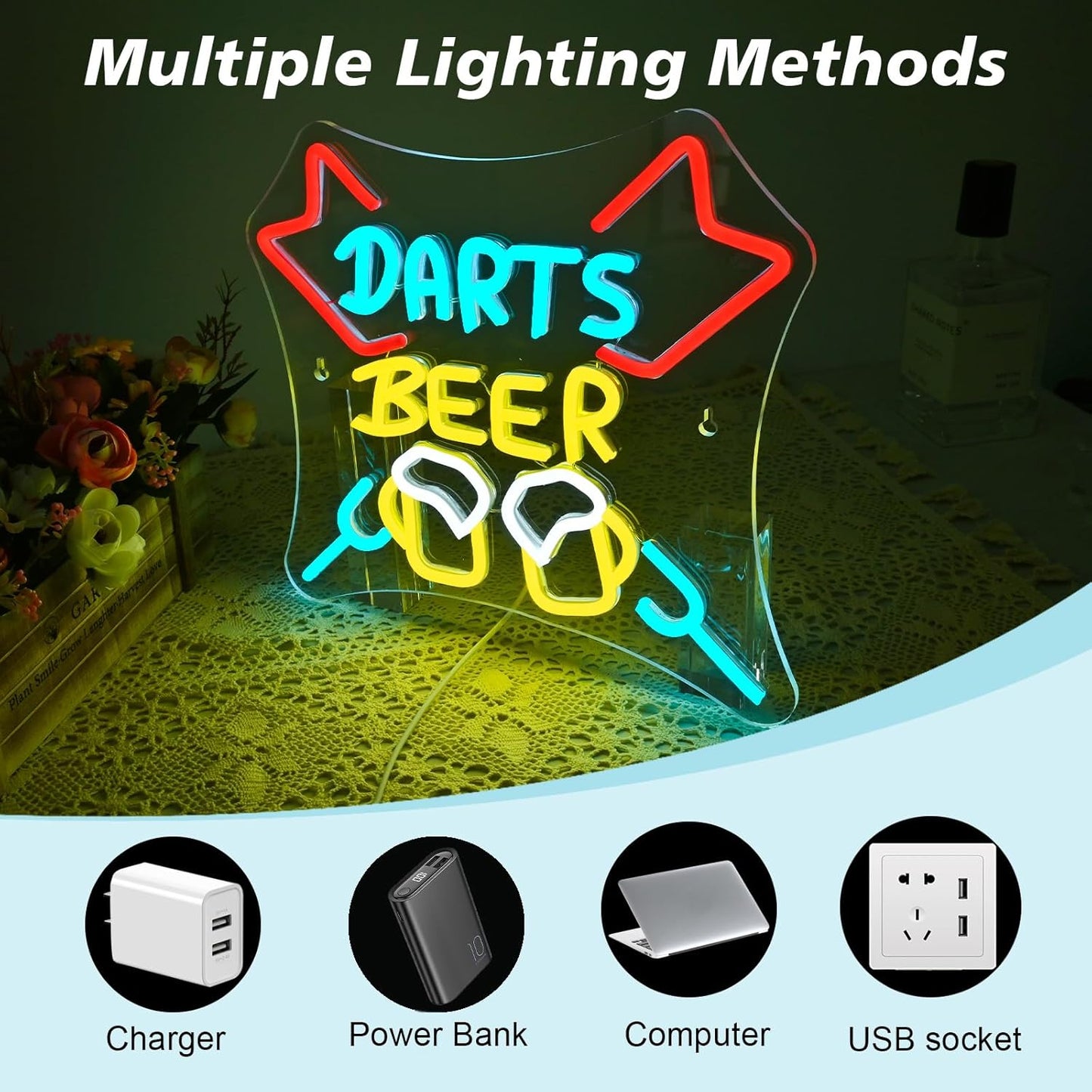 Darts and beer neon sign with LED clinking mugs for bar, game room, or pub decor