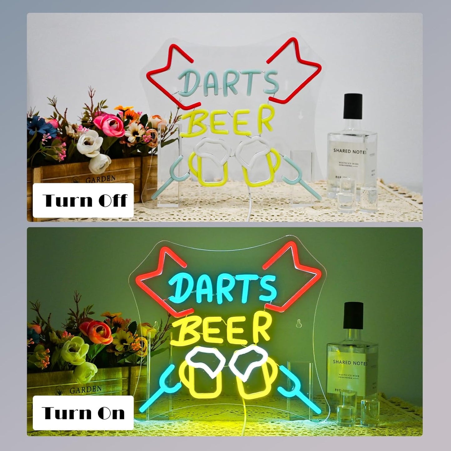 Darts and beer neon sign with LED clinking mugs for bar, game room, or pub decor