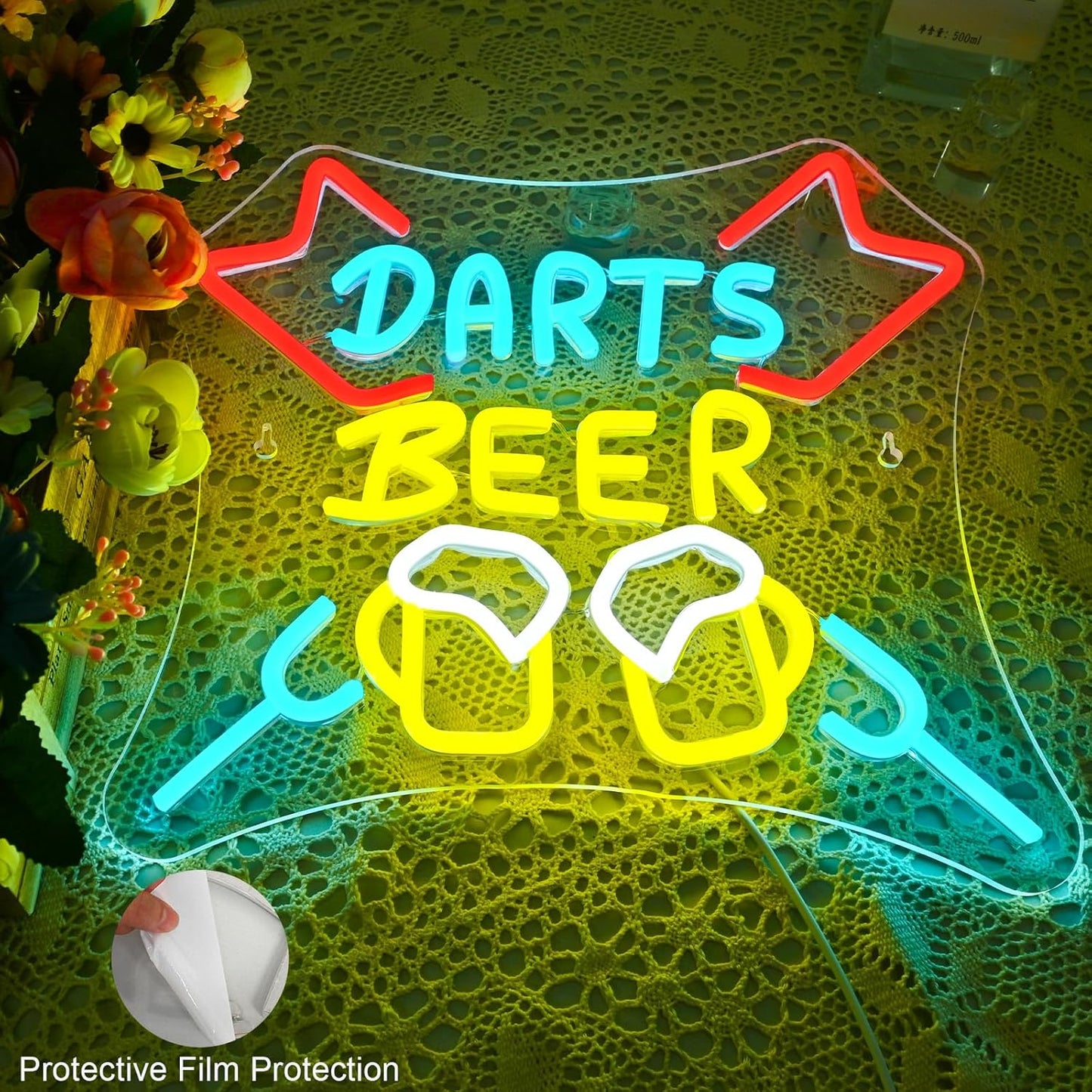 Darts and beer neon sign with LED clinking mugs for bar, game room, or pub decor
