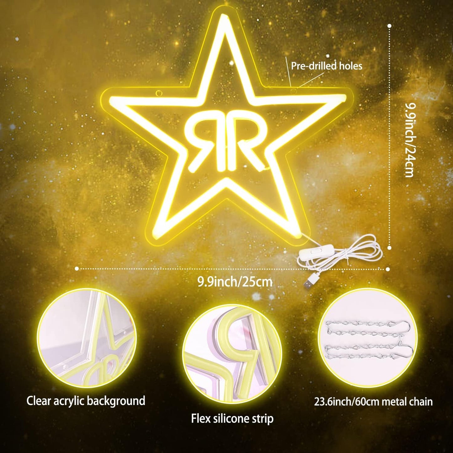 Double R Star Neon Sign - LED Wall Light for Bars, Studios & Home Decor