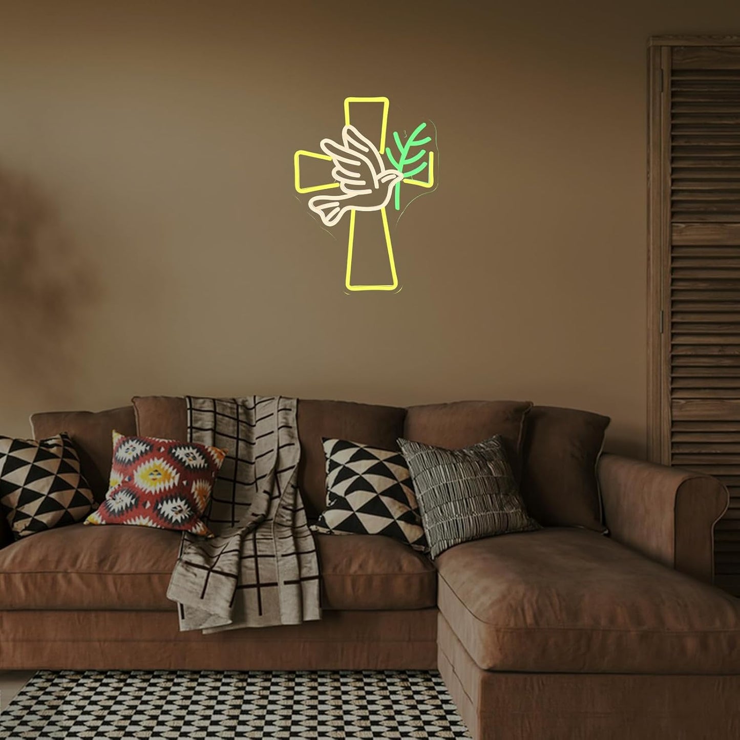 Dove and cross neon sign – peace dove with a glowing cross tombstone, LED memorial and religious wall decor