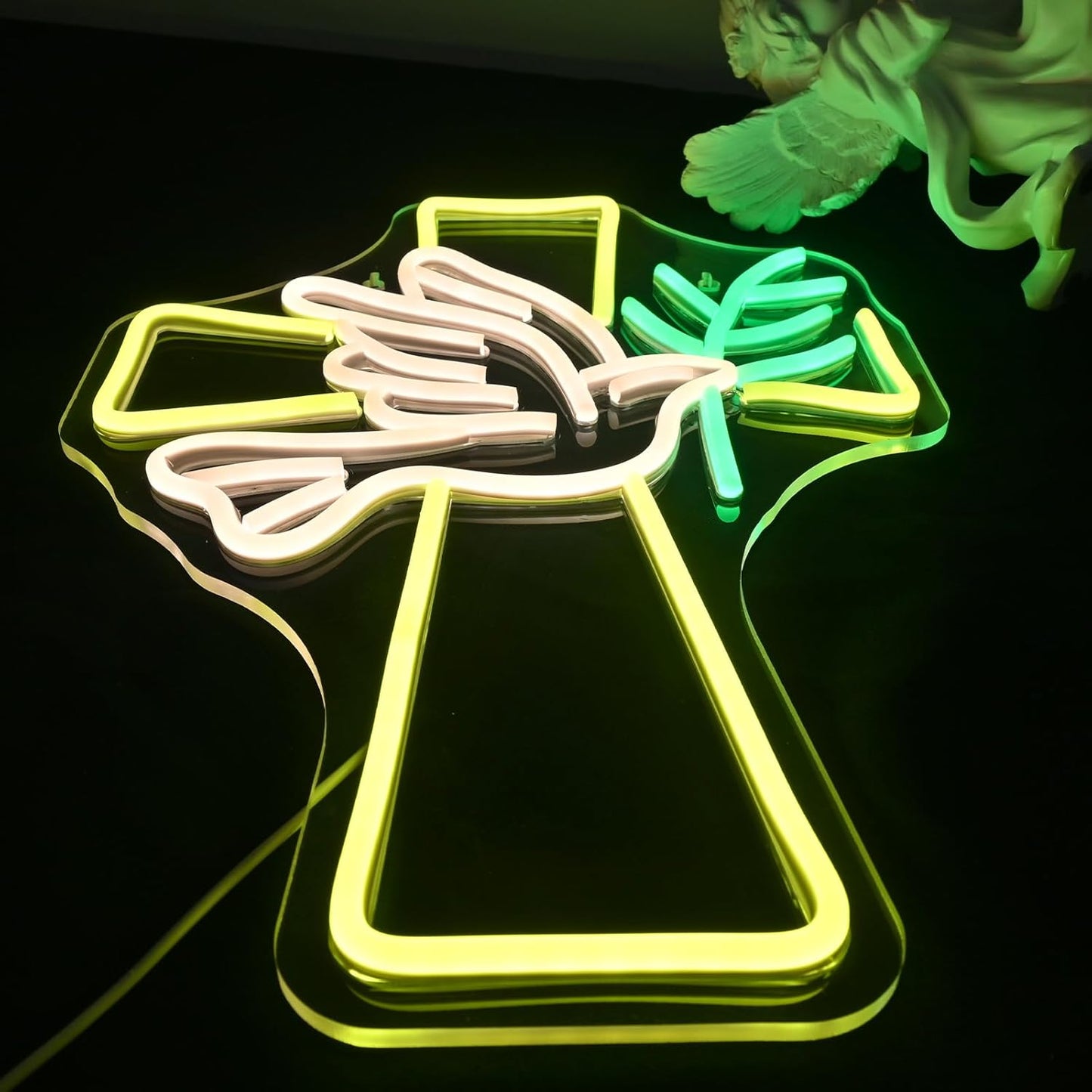 Dove and cross neon sign – peace dove with a glowing cross tombstone, LED memorial and religious wall decor