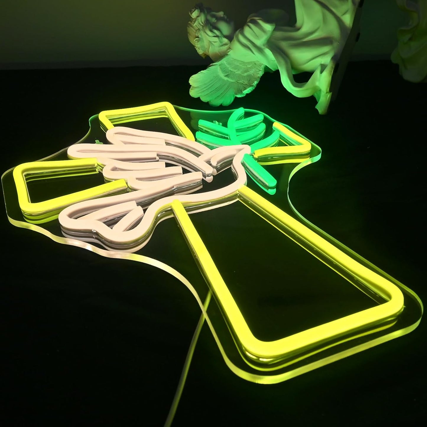 Dove and cross neon sign – peace dove with a glowing cross tombstone, LED memorial and religious wall decor