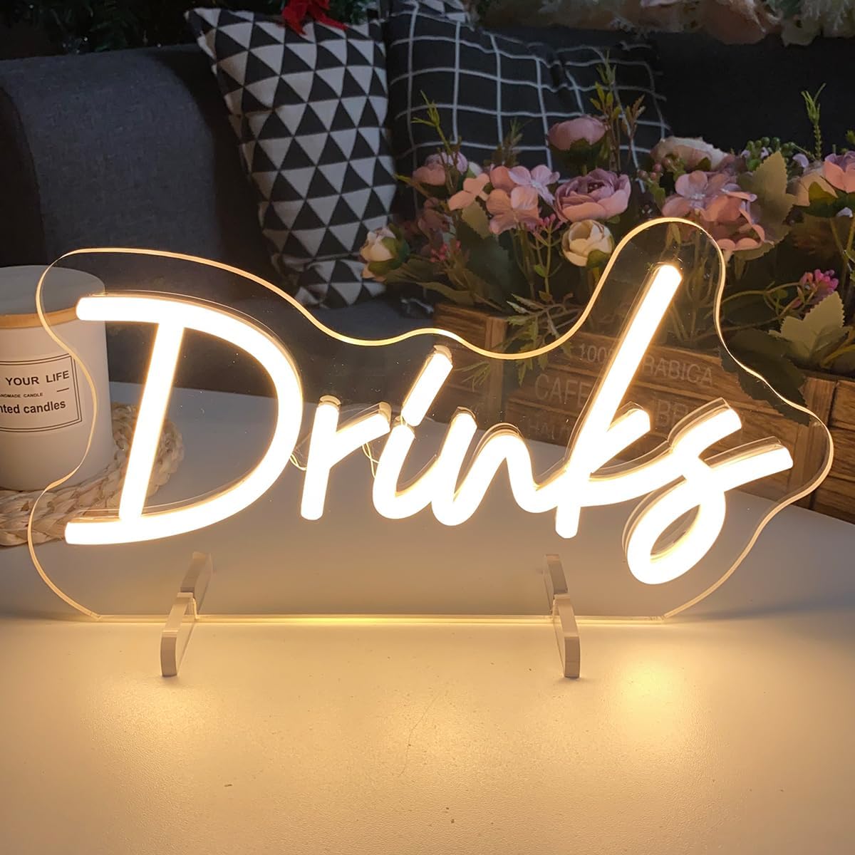LED neon sign with the word DRINK for bar and kitchen wall decor