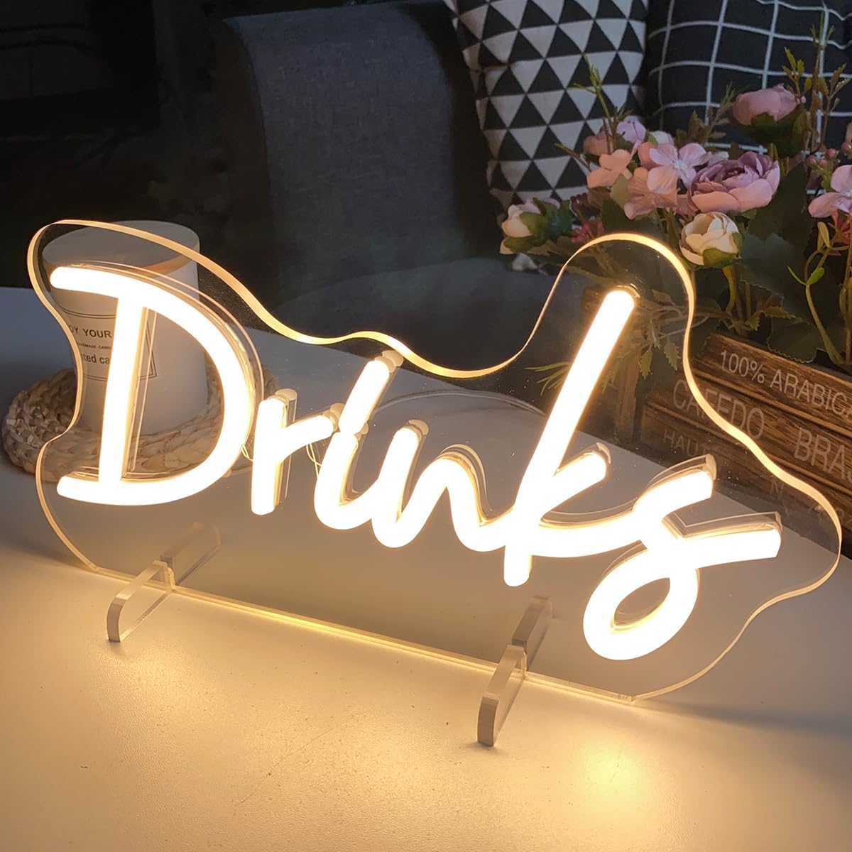 LED neon sign with the word DRINK for bar and kitchen wall decor