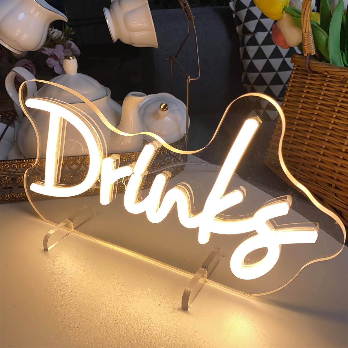 LED neon sign with the word DRINK for bar and kitchen wall decor
