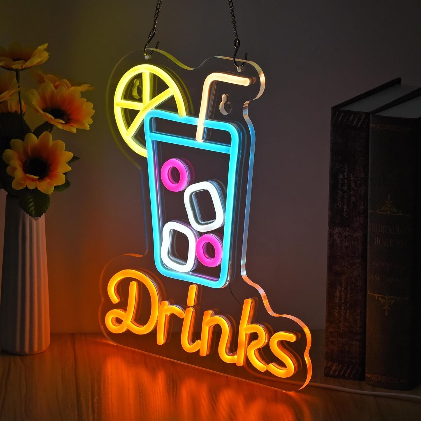 Neon sign with drink cup icon and DRINKS text for bar or beverage shop decor