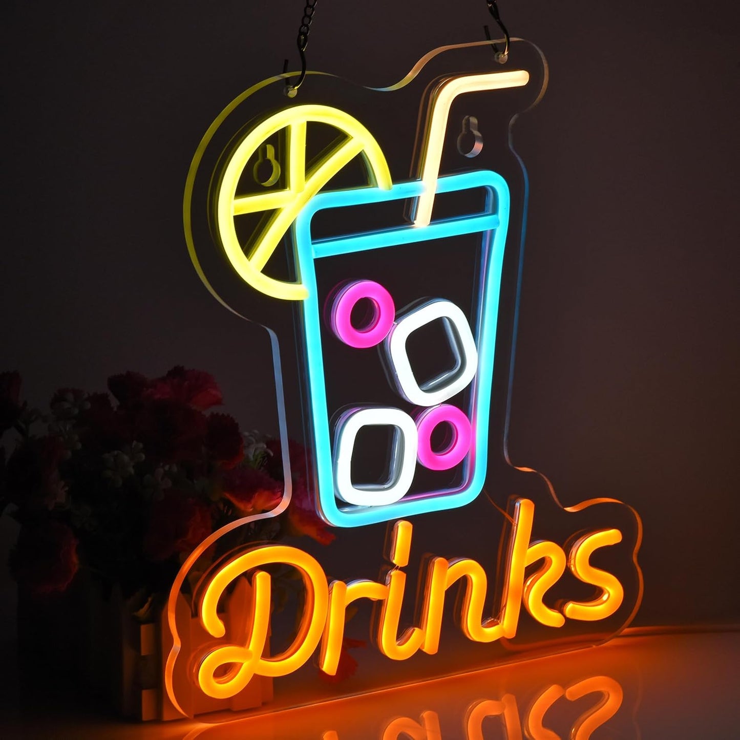 Neon sign with drink cup icon and DRINKS text for bar or beverage shop decor