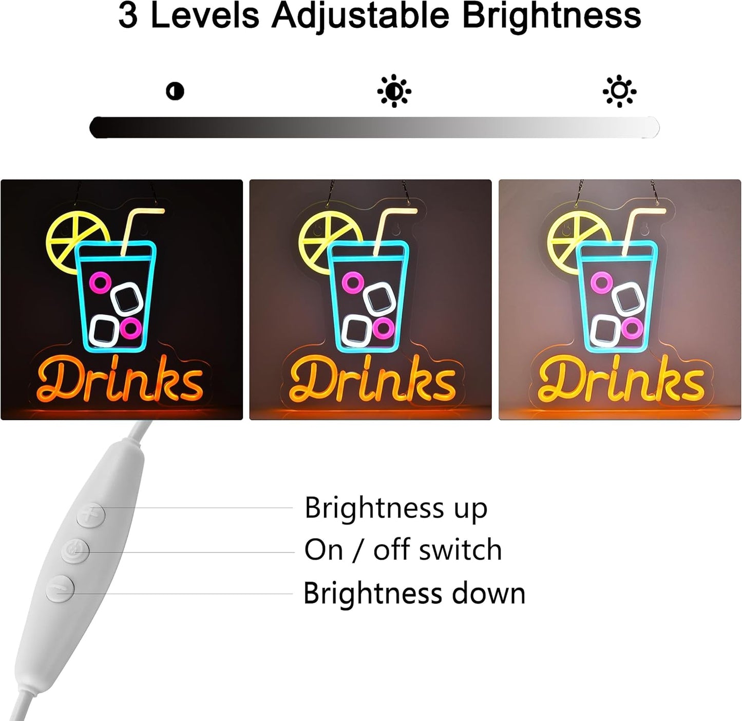 Neon sign with drink cup icon and DRINKS text for bar or beverage shop decor