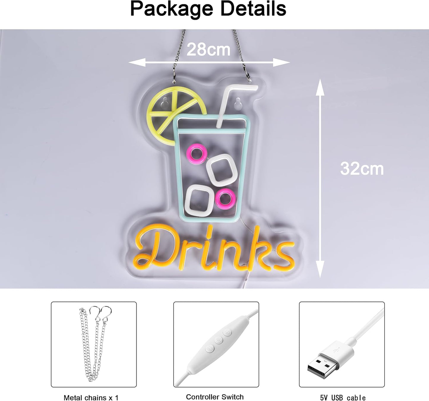 Neon sign with drink cup icon and DRINKS text for bar or beverage shop decor