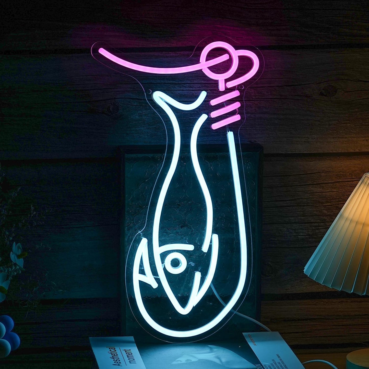 Fishing hook neon sign with fish – LED light decor for anglers and cabin walls