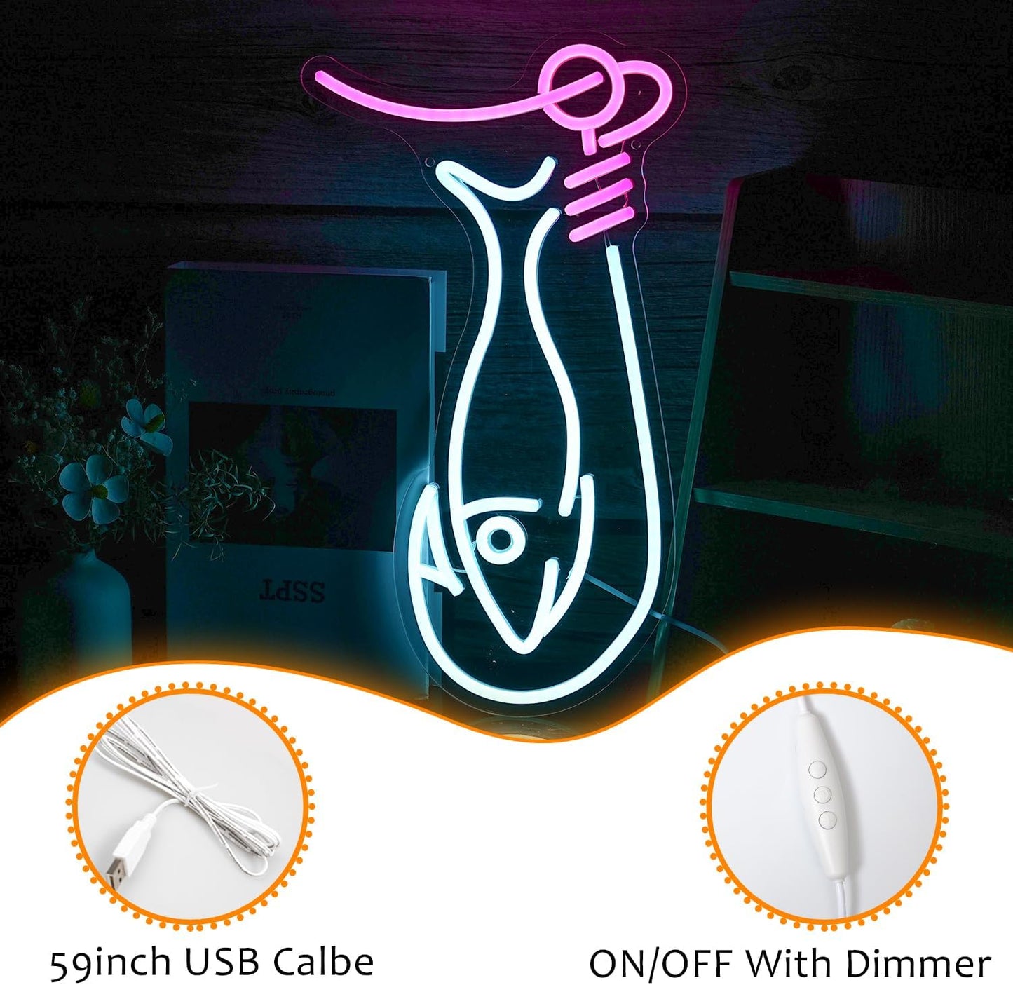 Fishing hook neon sign with fish – LED light decor for anglers and cabin walls