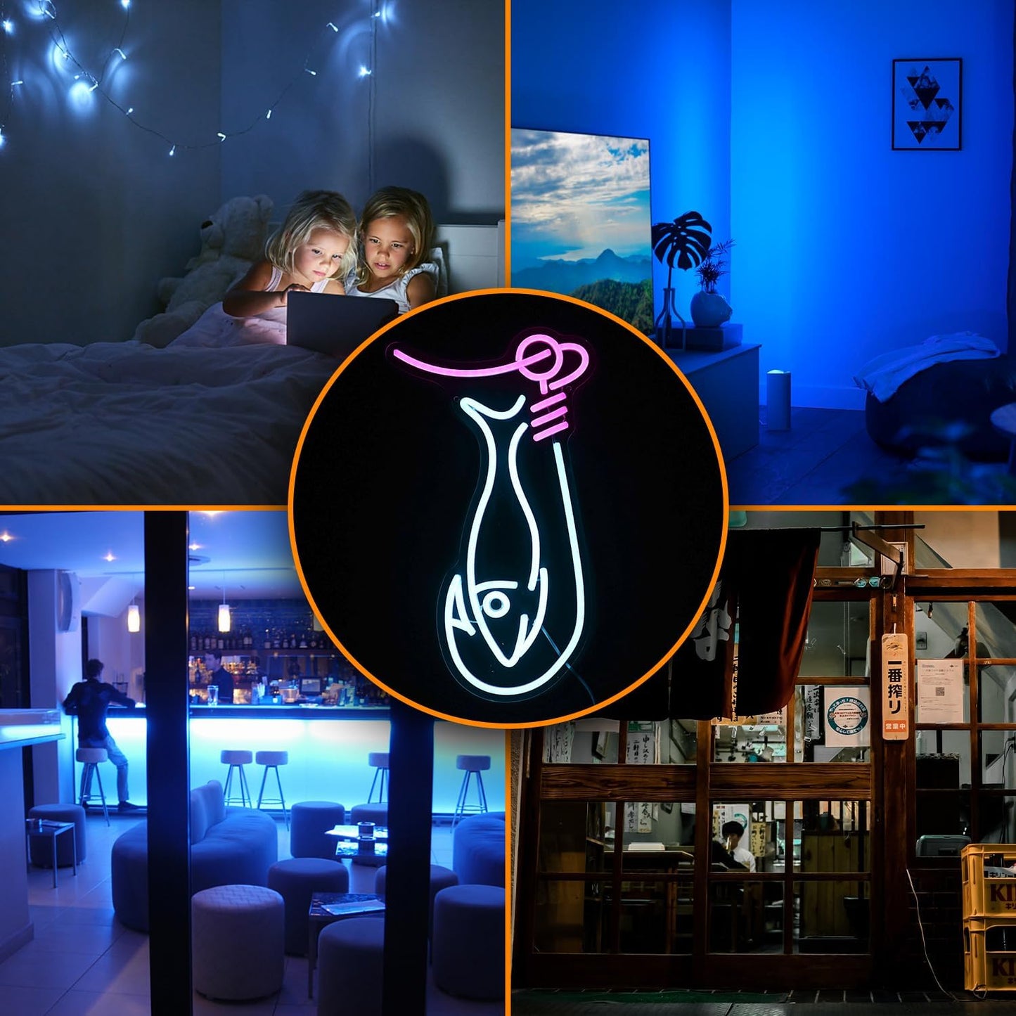 Fishing hook neon sign with fish – LED light decor for anglers and cabin walls